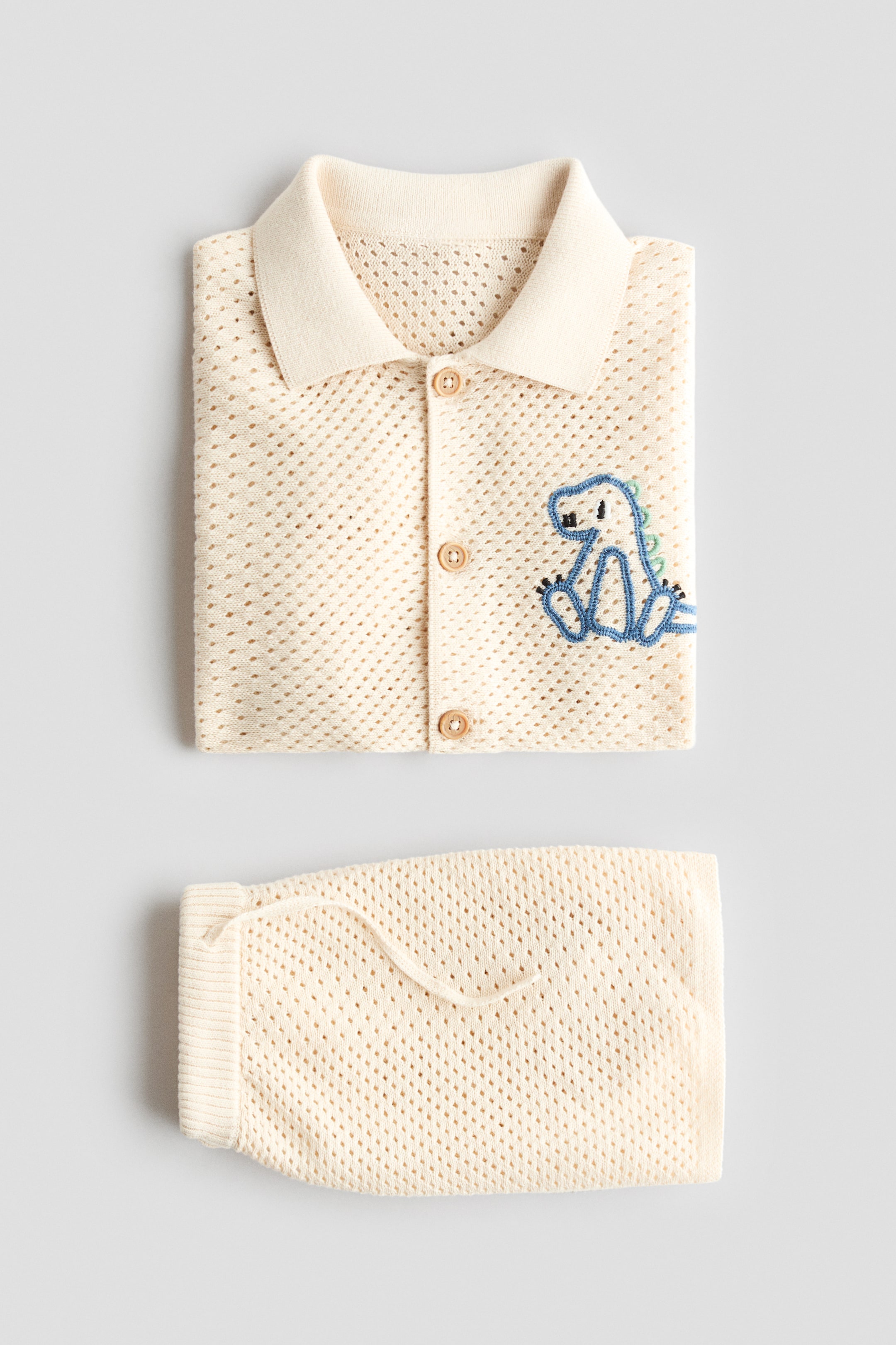 View larger image: 2-piece mesh-knit cotton set - Light beige/Dinosaur - Kids | H&M SG 2