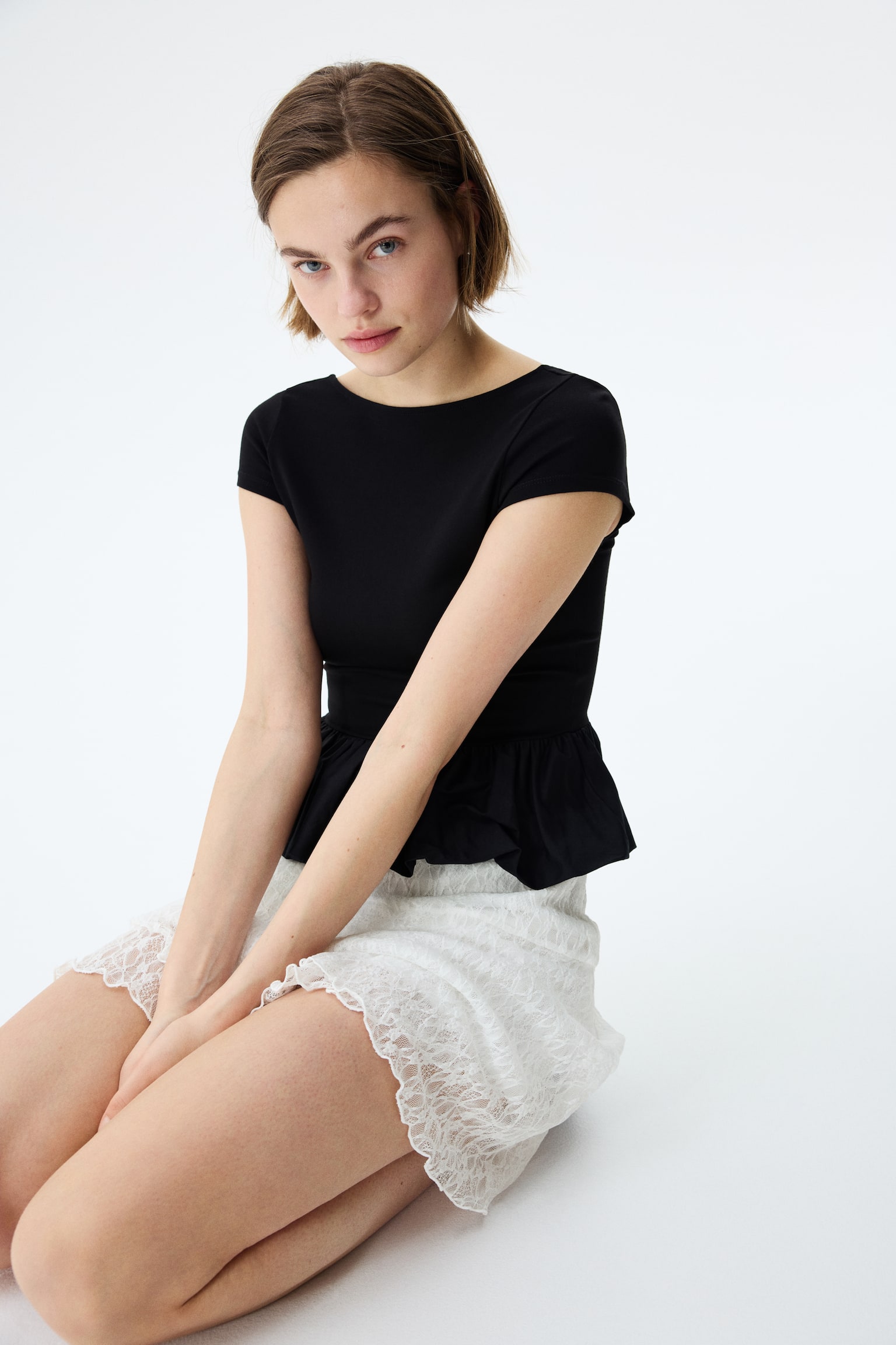 Flounced lace skirt - White/Light blue/Dark brown - 6
