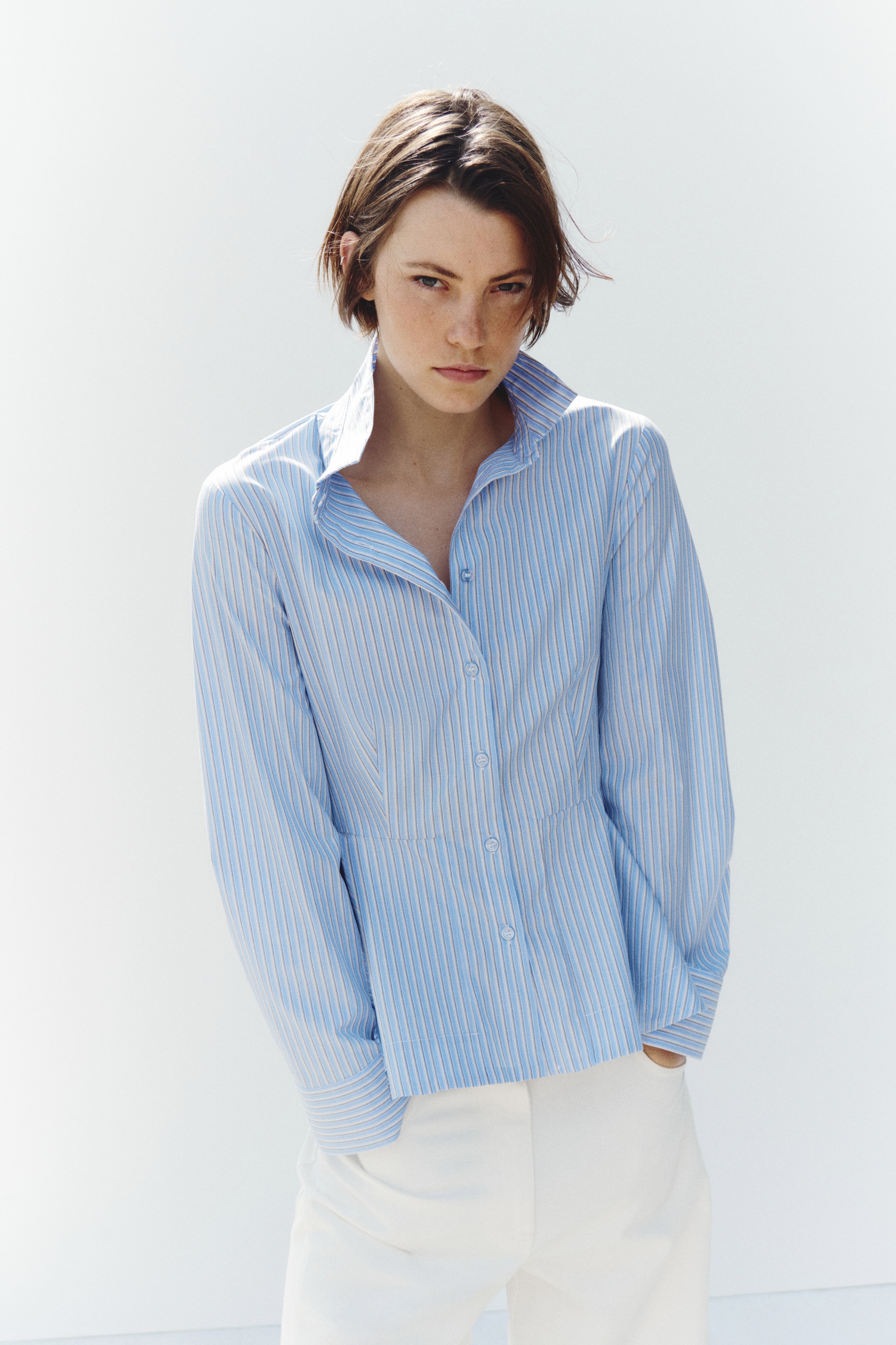 Chemise péplum en coton - Bleu clair/rayures tennis/Blanc