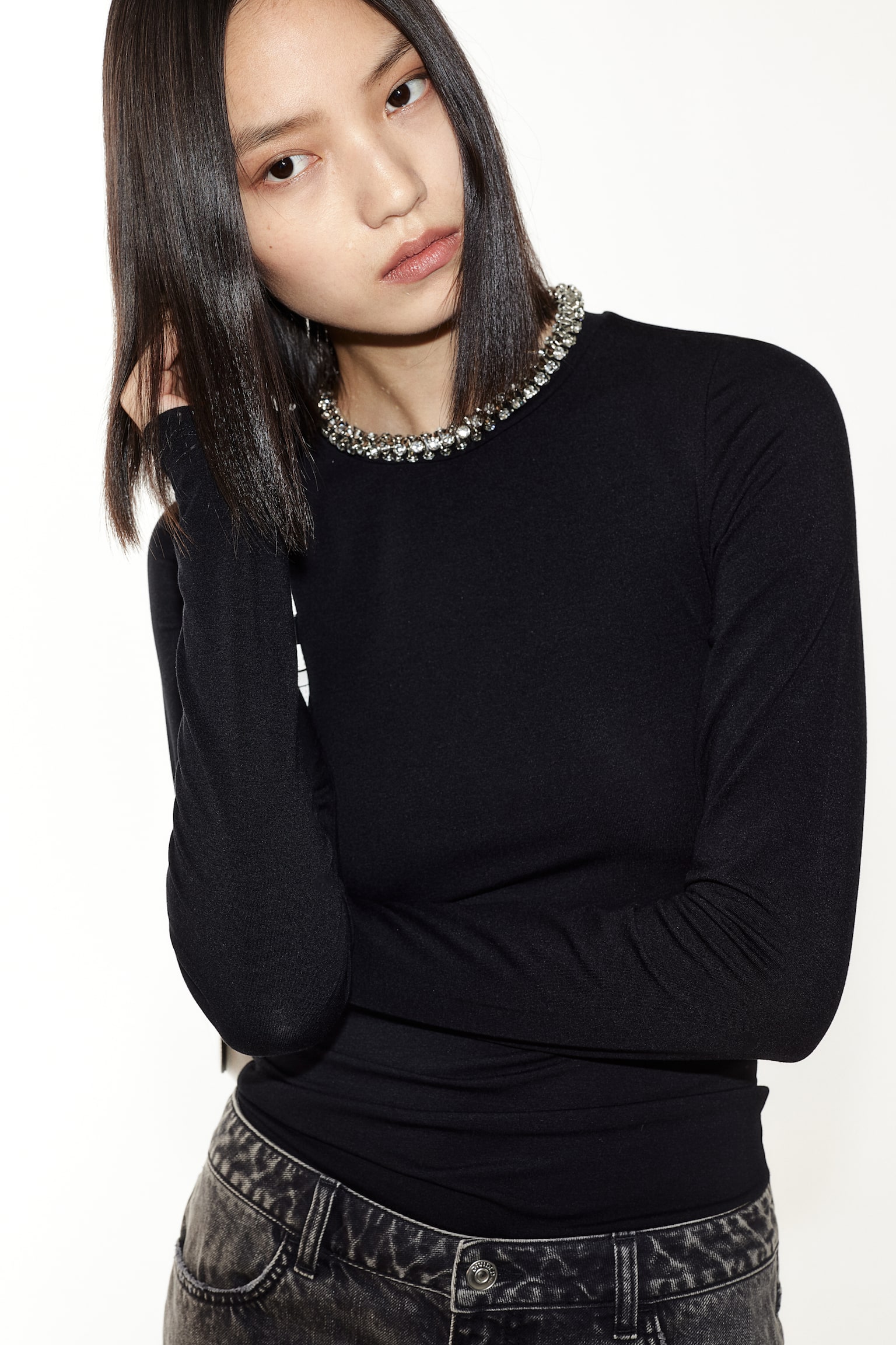 Long-sleeved jersey top - Black/Dark grey/Cream - 4