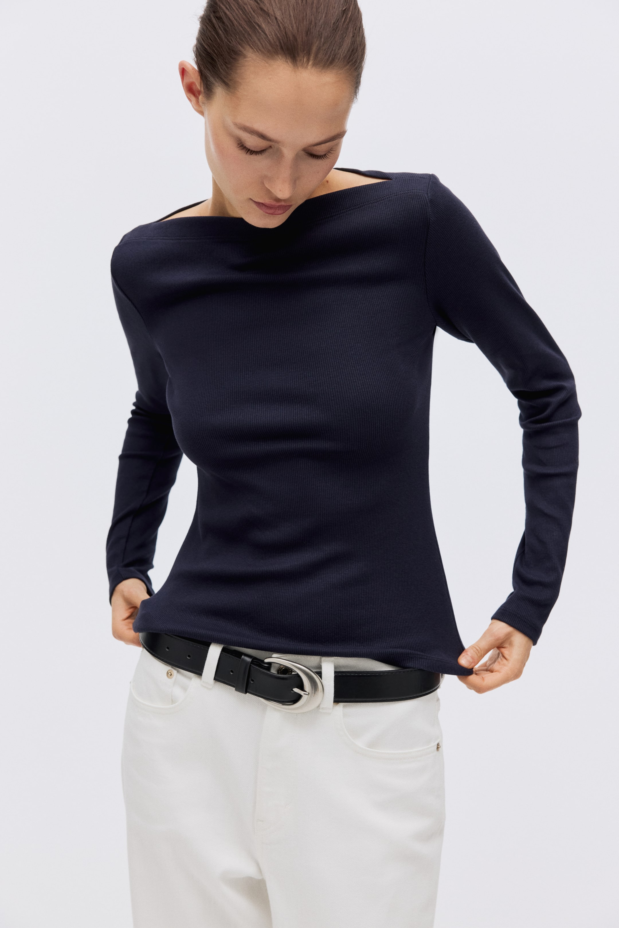 View larger image: Ribbed boat-neck top - Navy blue - Ladies | H&M 1