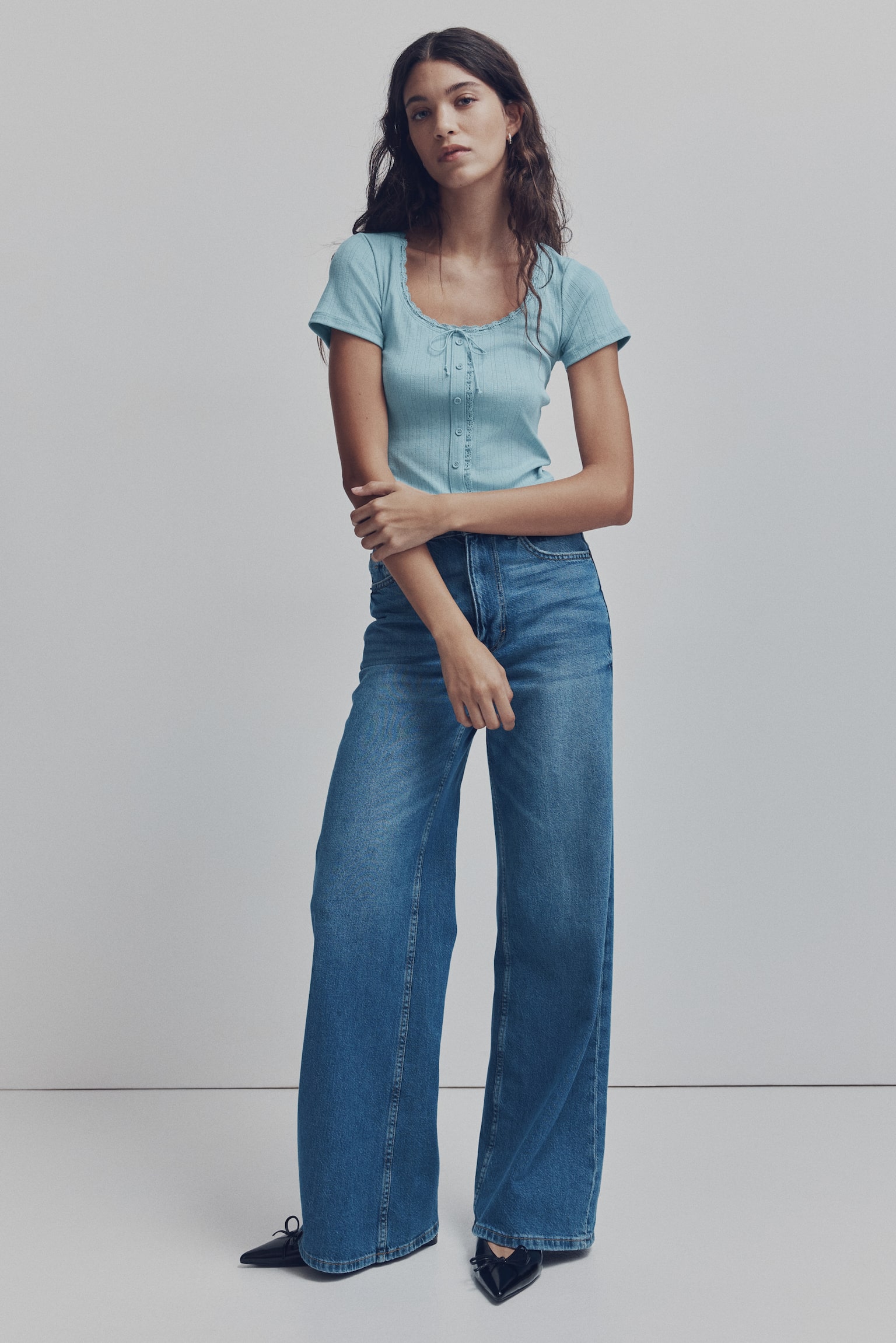 Lace-trimmed top - Turquoise/Cream/Dark grey - 5