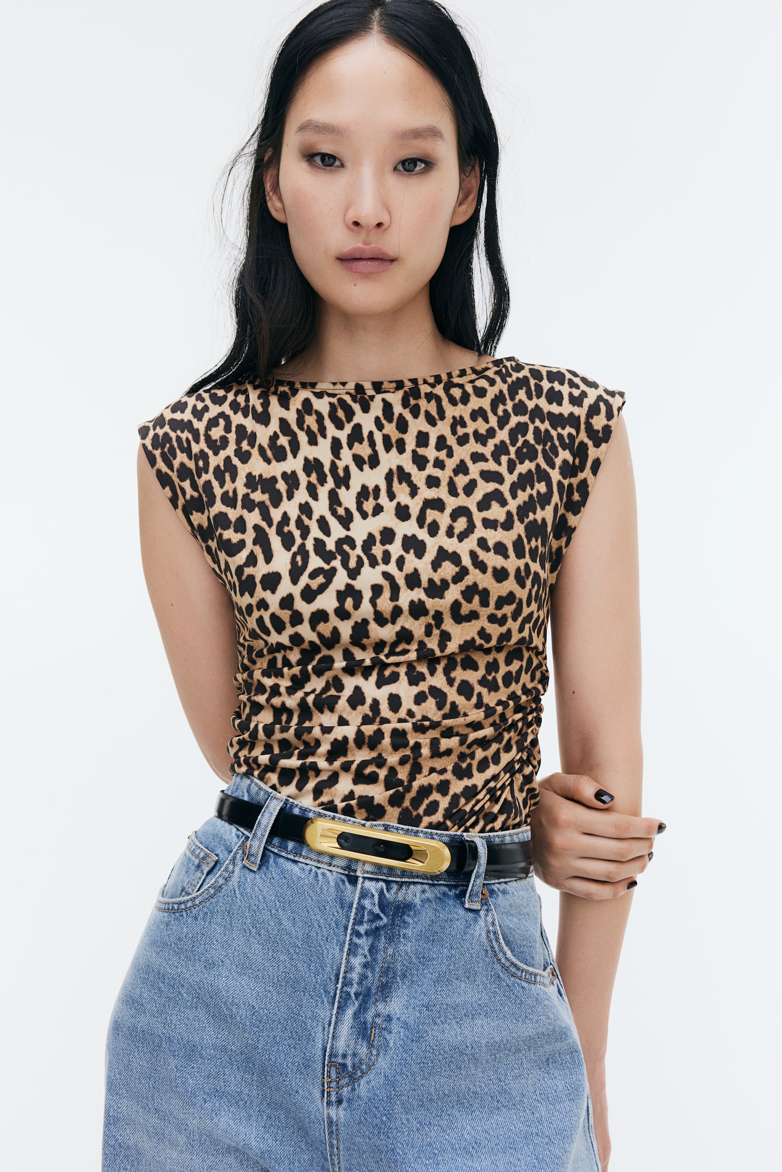 Boat-neck top - Light beige/Leopard print/White - 1