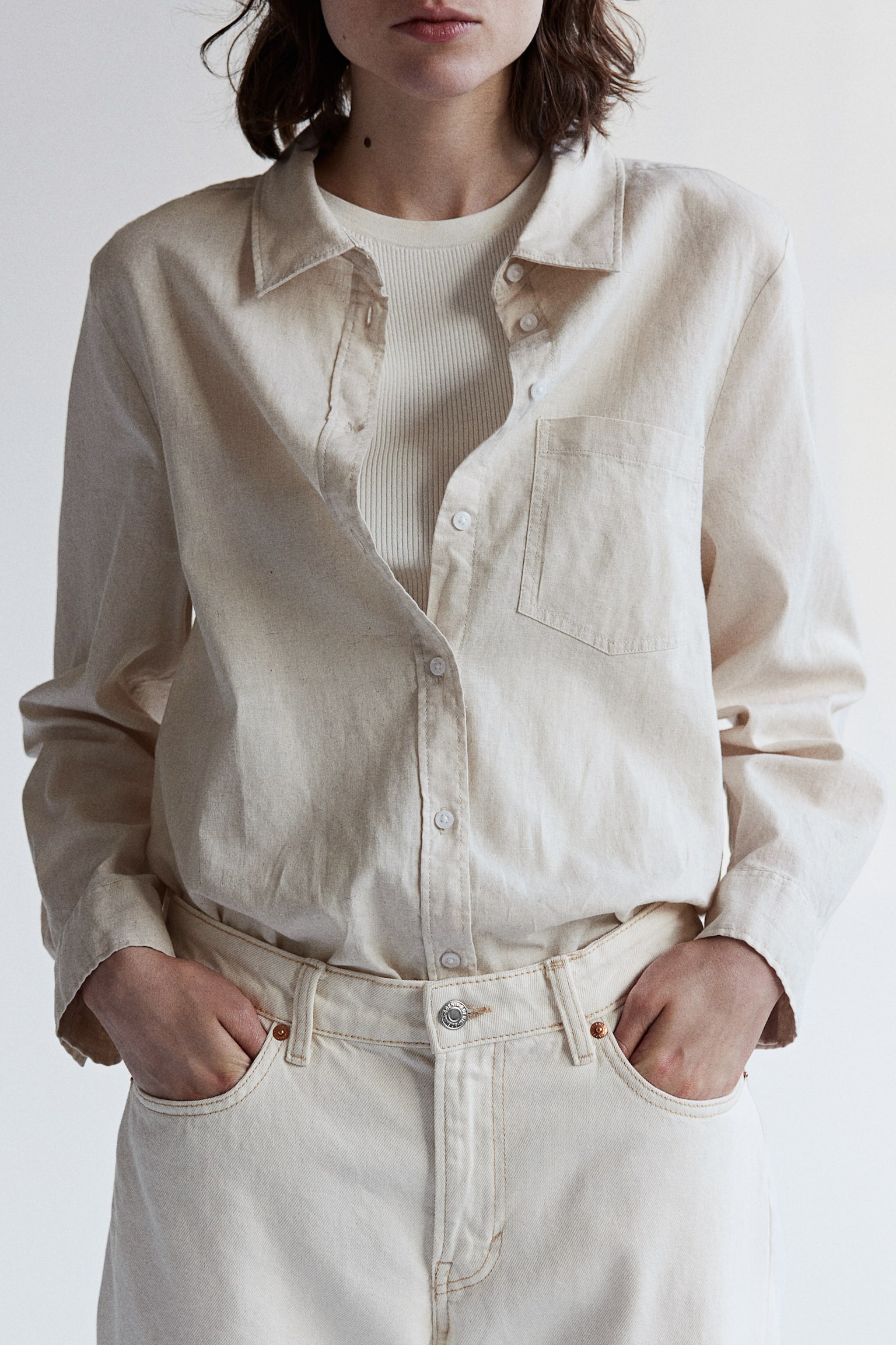 Linen Blend Shirt - Light beige/Yellow/Stripe/White/Light blue/Khaki green/Blue/Bright blue/Black/Blue/White stripe - 4