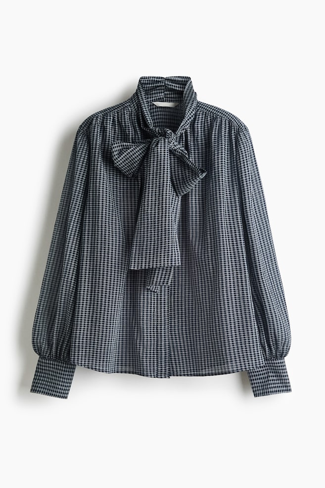Blouse met strikkraag - Marineblauw/geruit - 1