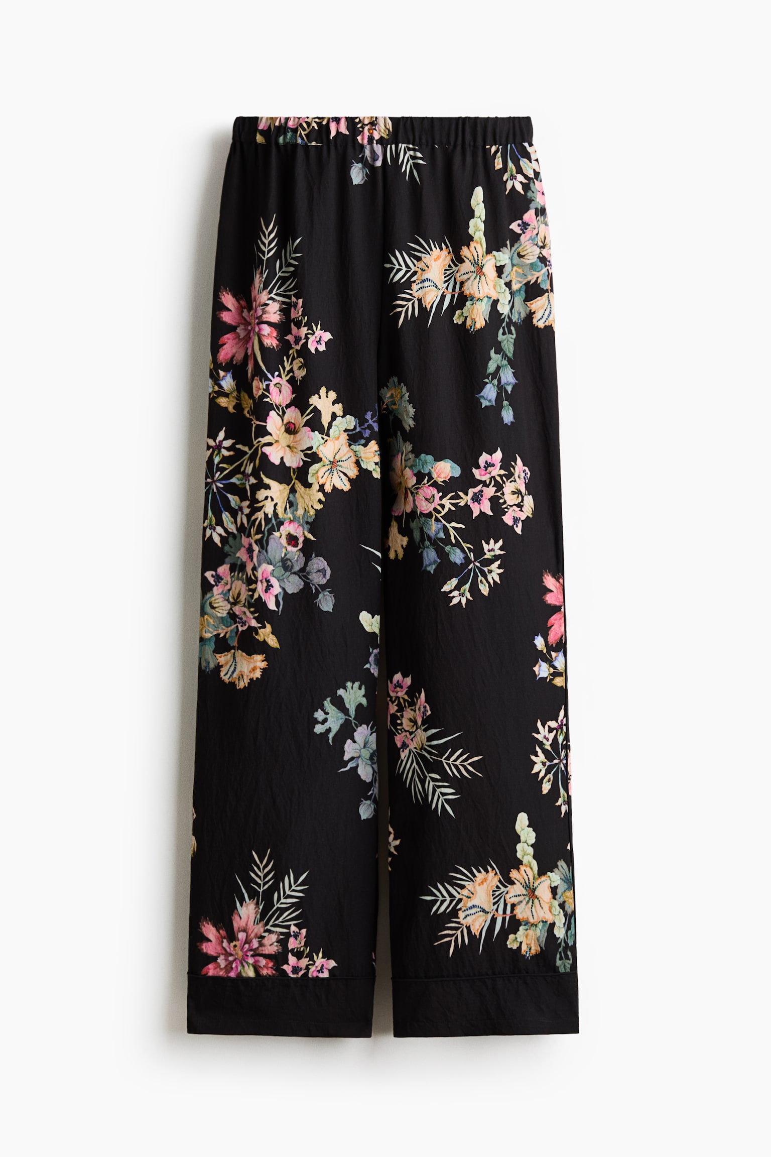 Pantaloni cu elastic în talie - Negru/flori - 1