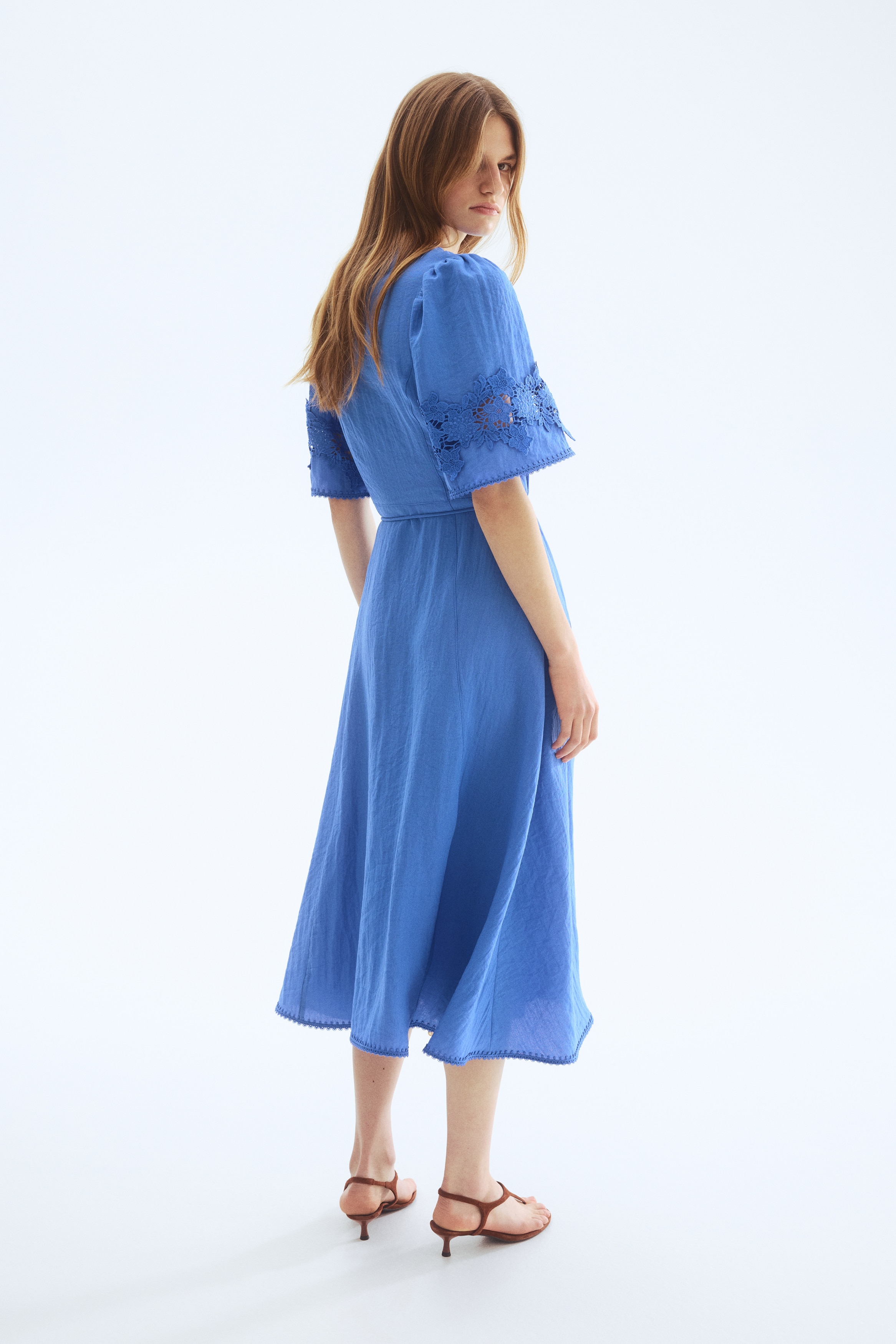 Women's Blue Crinkled Dress with Eyelet Embroidery | H&M US