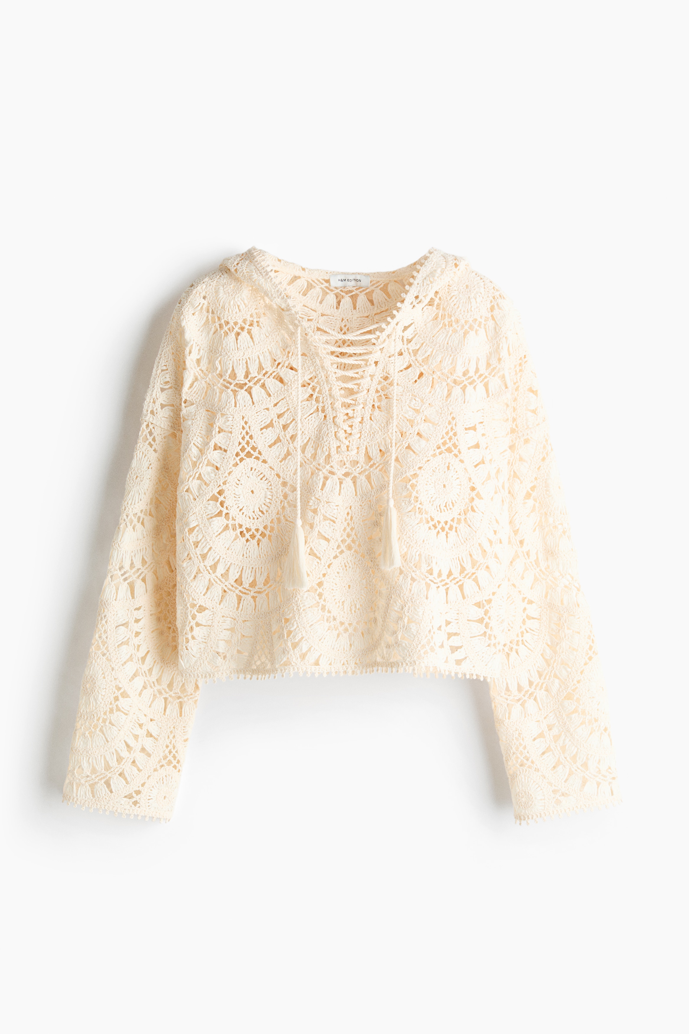Crochet-look lace-up hoodie - Cream