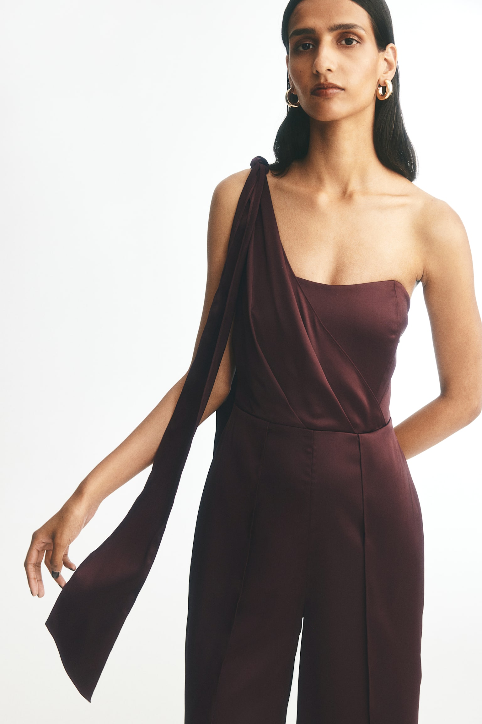 One-shoulder satin jumpsuit - Burgundy - 4