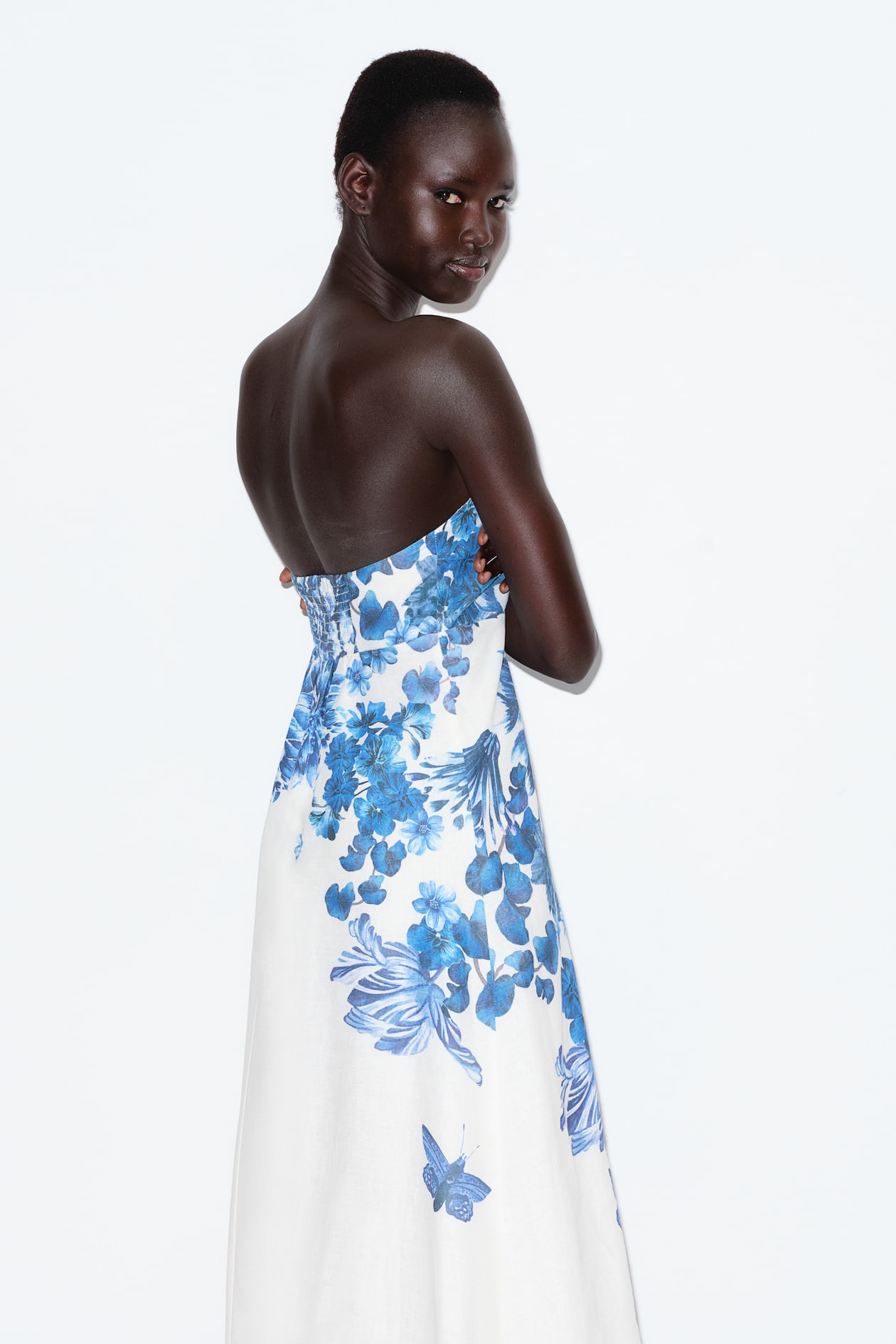 Vestido caicai em mistura de linho Branco/Floral azul SENHORA H&M PT