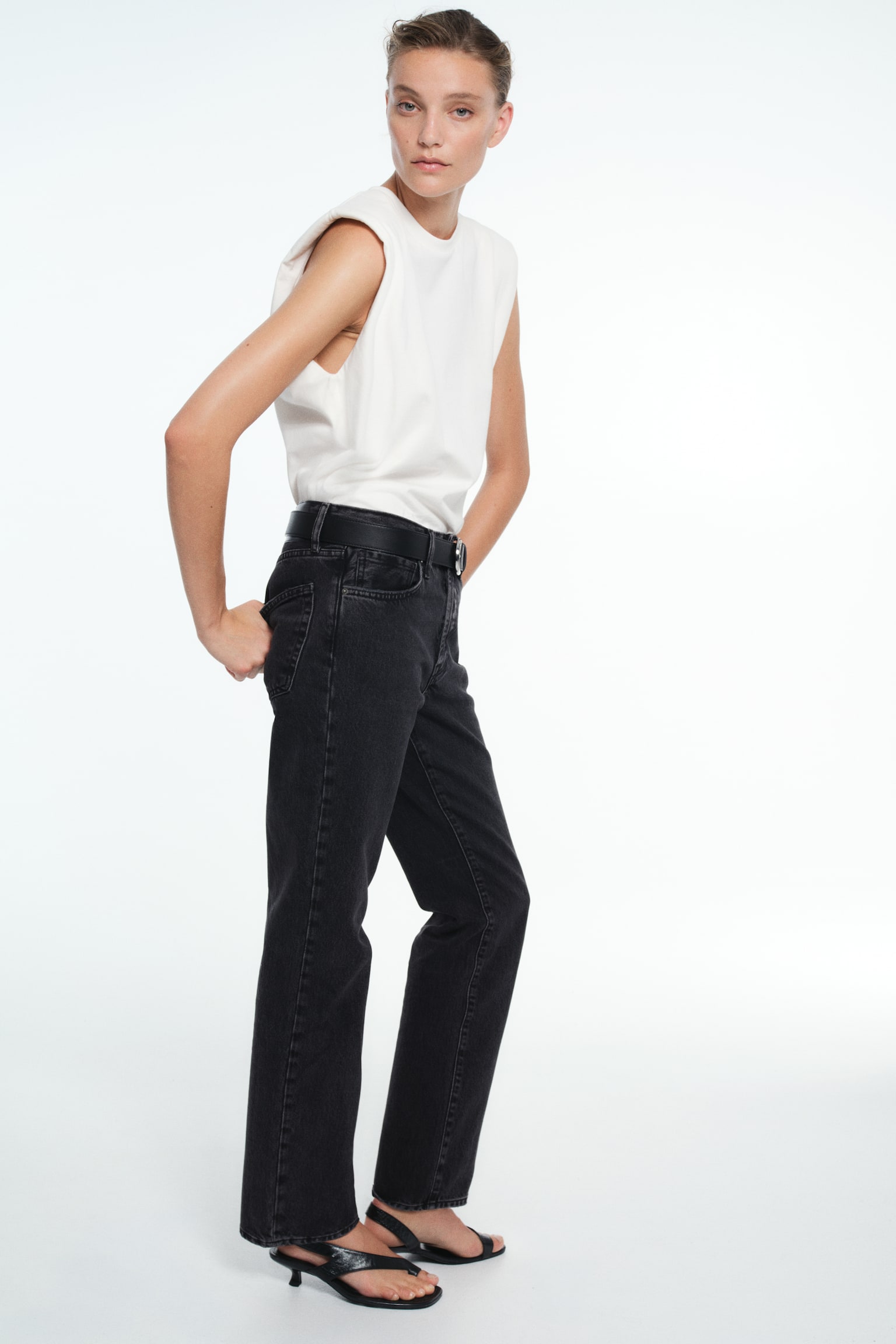 Женские джинсы H&M Straight Regular-Waist, цвет: Тёмный джинсовый серый — фото 3