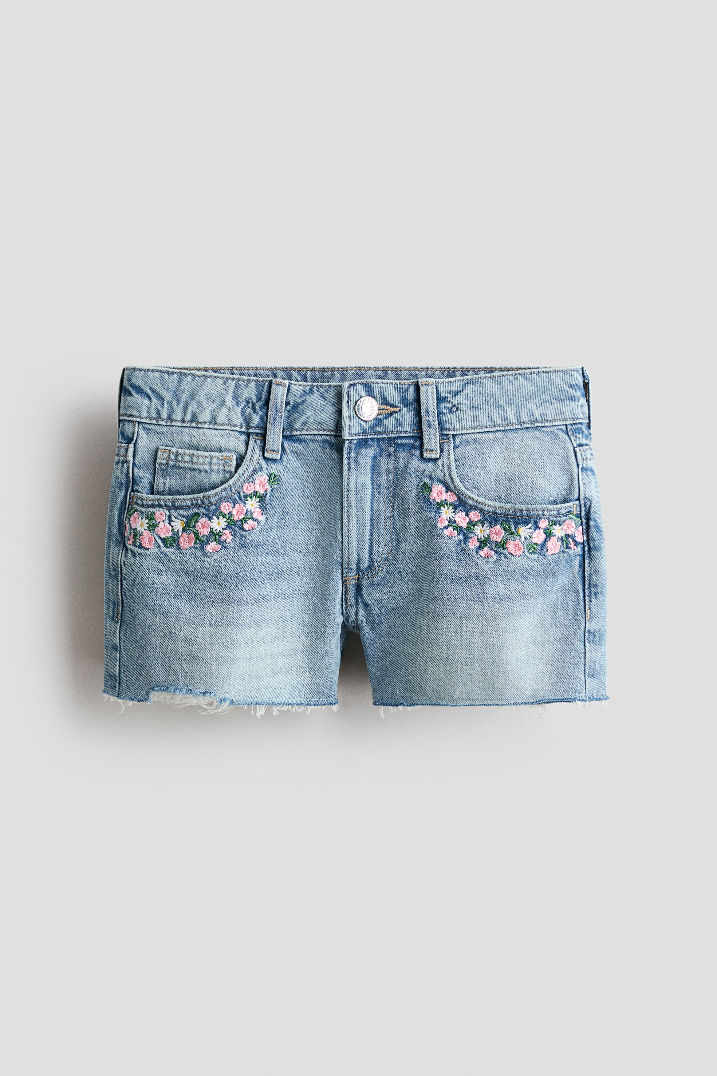 Embroidery-detail denim shorts - Light denim blue/Flowers/Denim grey/Studs