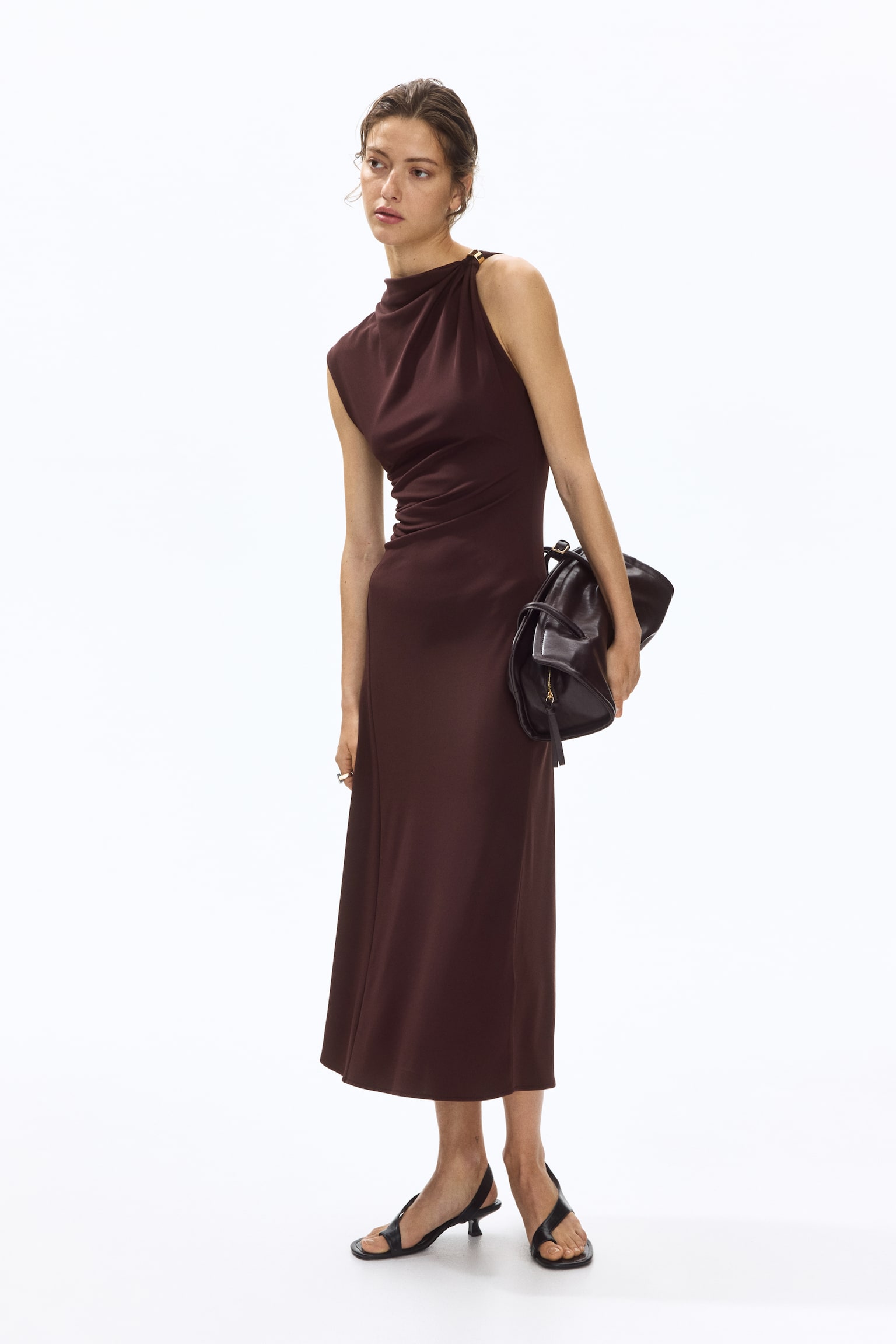 Draped-Detail Jersey Dress-Dark brown - 3