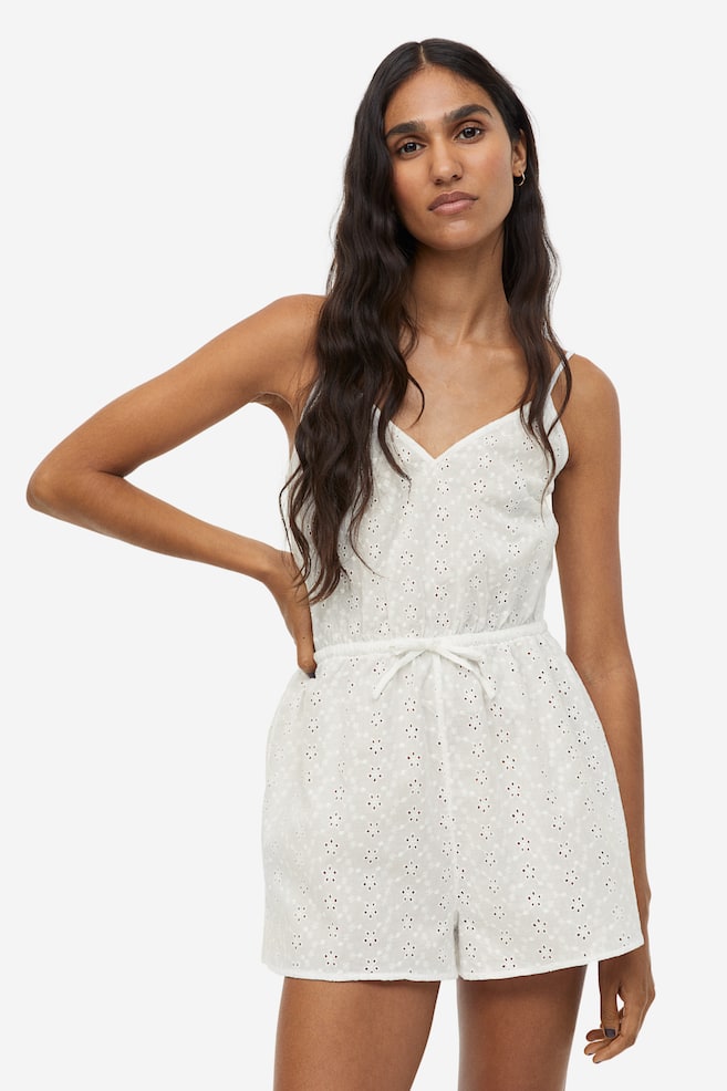 Playsuit med broderie anglaise - Hvid - 1