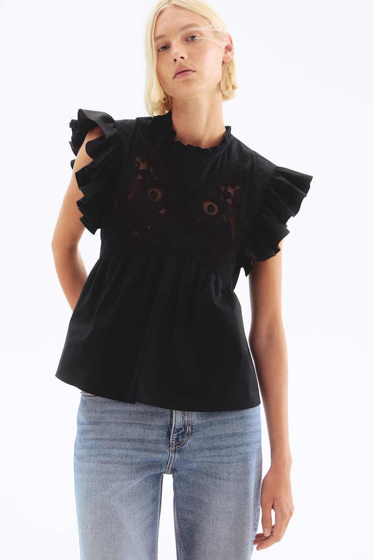 Embroidered cotton blouse - Black - Ladies | H&M GB