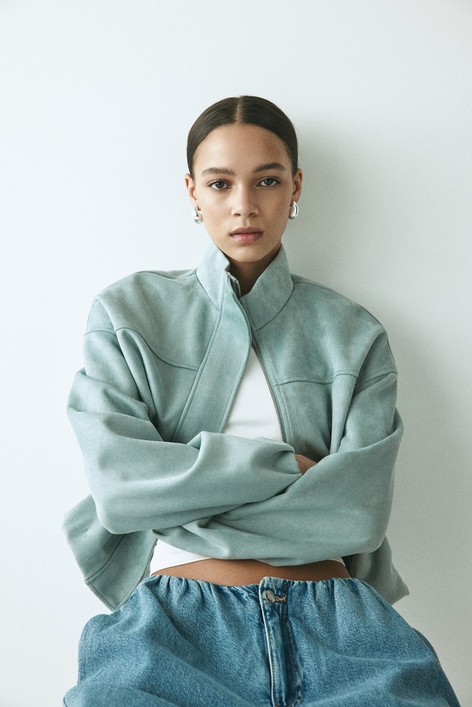 Oversized jacket - Light dusty turquoise/Light brown - 1