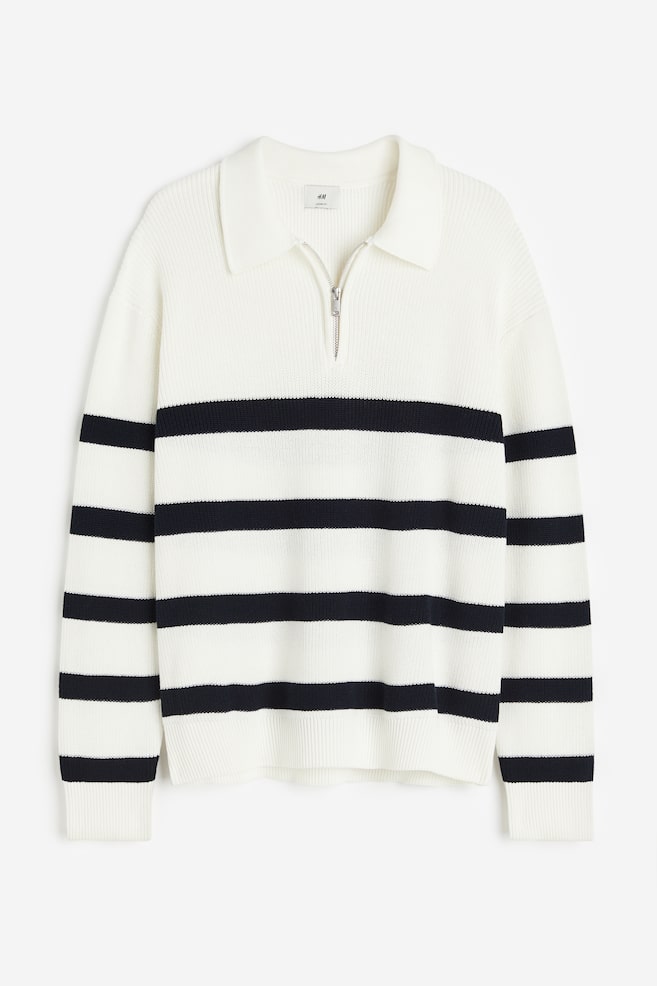 Loose Fit Zip-top polo jumper - White/Dark blue striped/Navy blue/Striped - 2