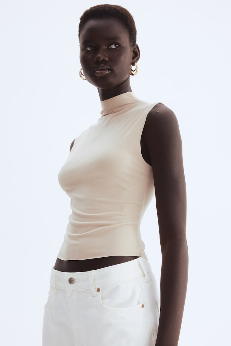 Sleeveless White Roll Neck Top Women's Sleeveless Turtleneck