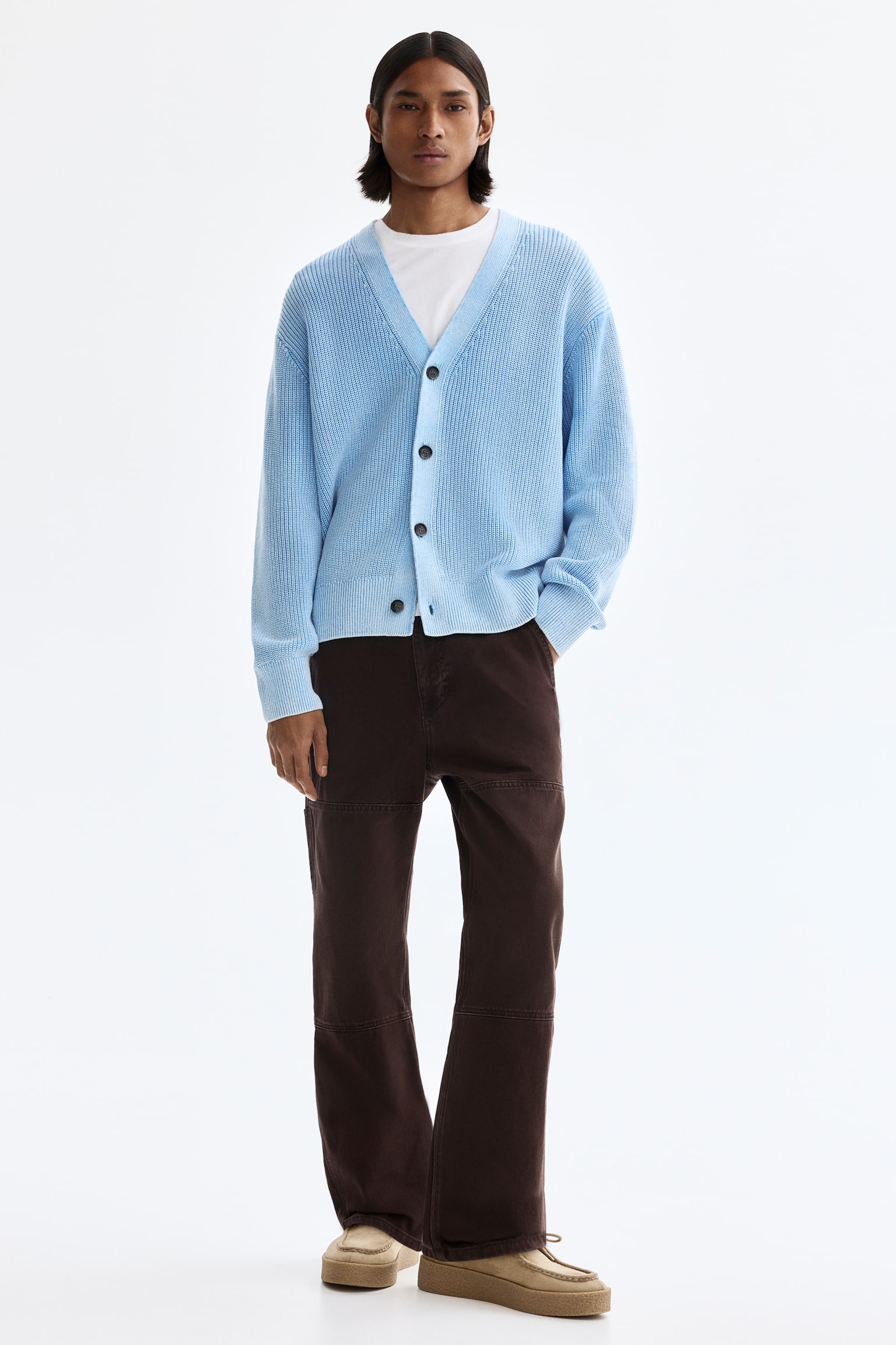 Relaxed Fit Rib-knit cotton cardigan - Light blue/Dark khaki green - 1