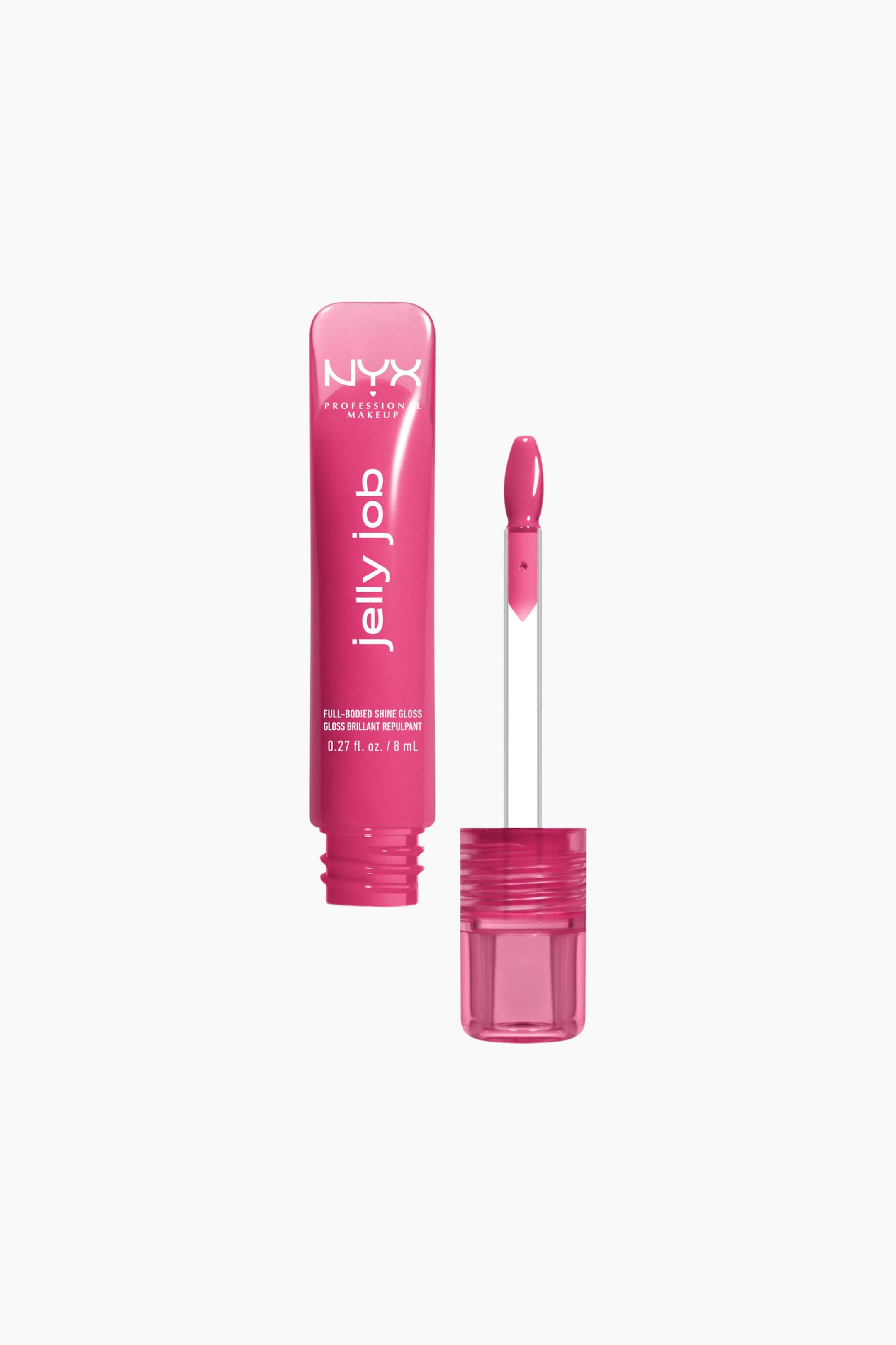 Se større billede: Et klart pink lipglossrør står oprejst og viser hvid tekst på siden, herunder "NYX PROFESSIONAL MAKEUP", "jelly job", "FULL-BODIED SHINE GLOSS" og "0.27 fl. oz. / 8 mL". Hætten er fjernet, og applikatoren, med en klar stilk og en padleformet pink spids, rækker ud mod højre.