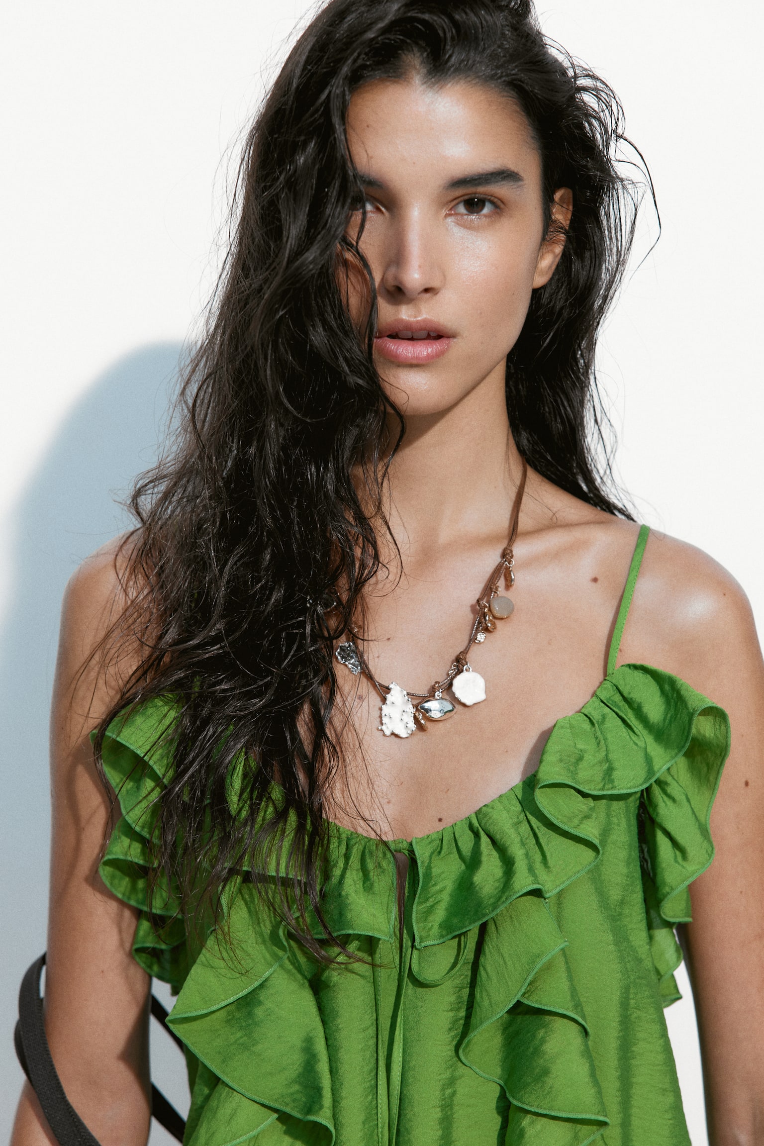 Flounce-trimmed strappy dress - Green - 1