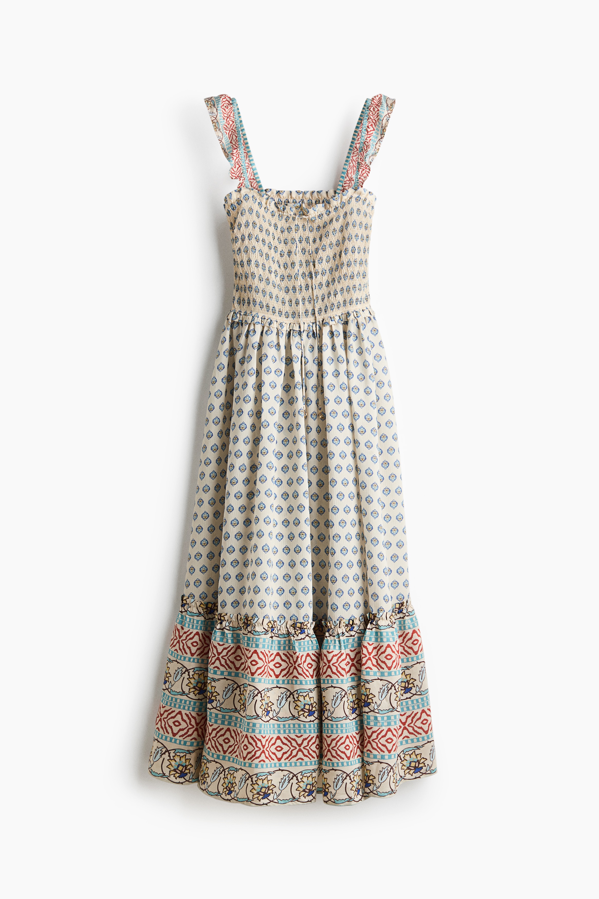 Flared-skirt smocked dress - Light beige/Patterned