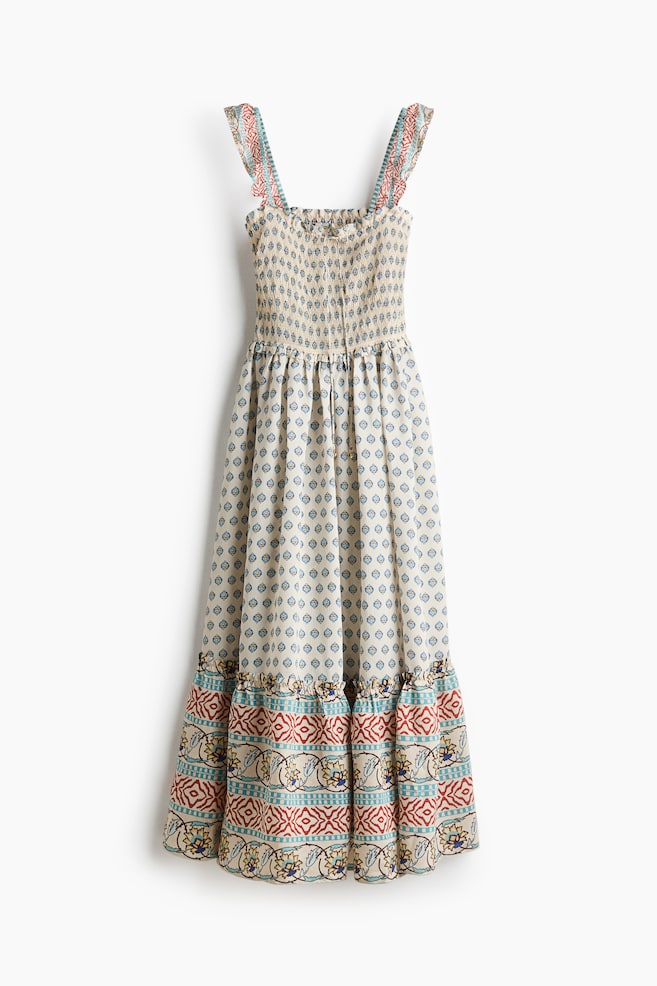 Smocked Dress with Flared Skirt - Light beige/patterned - 1