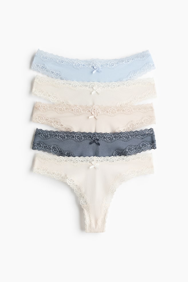 Pack de 5 bragas Brazilian de algodón y encaje - Azul empolvado/Crema/Gris claro jaspeado/Rosa claro/Marrón oscuro/Beige claro/Crema/Azul marino/Floral/Beige/Estampado de leopardo/Amarillo claro/Rosa de antaño/Azul oscuro/Crema floral - 1