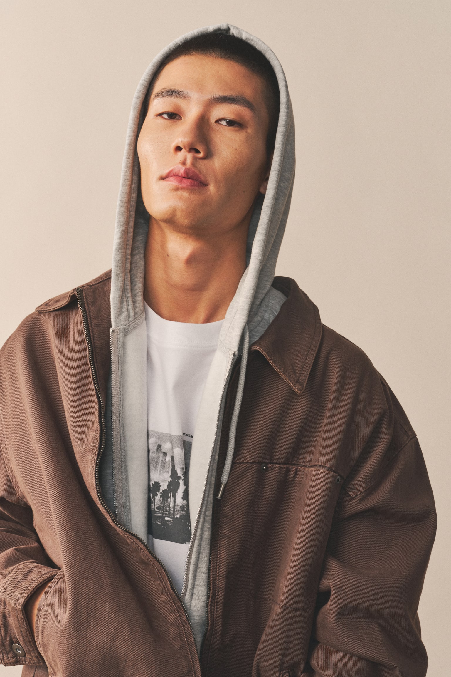 寬鬆剪裁丹寧工作外套 - 咖啡色/丹寧藍 - 5