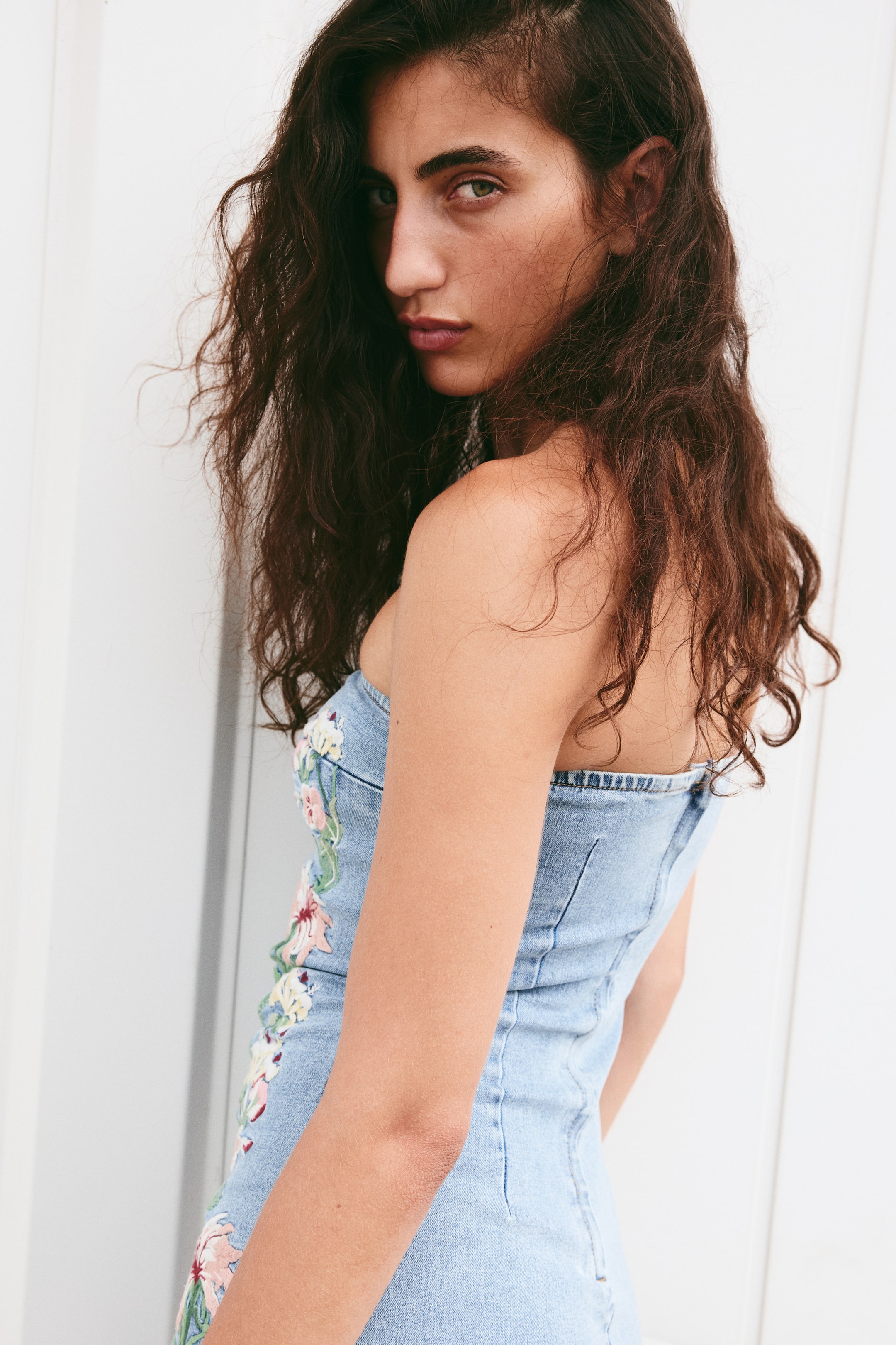 Embroidered Denim Bandeau Dress