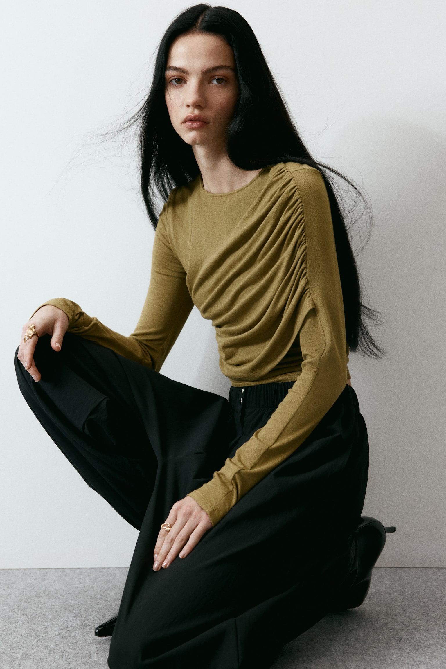 Draped viscose top - Golden olive/Dark grey/Black - 1