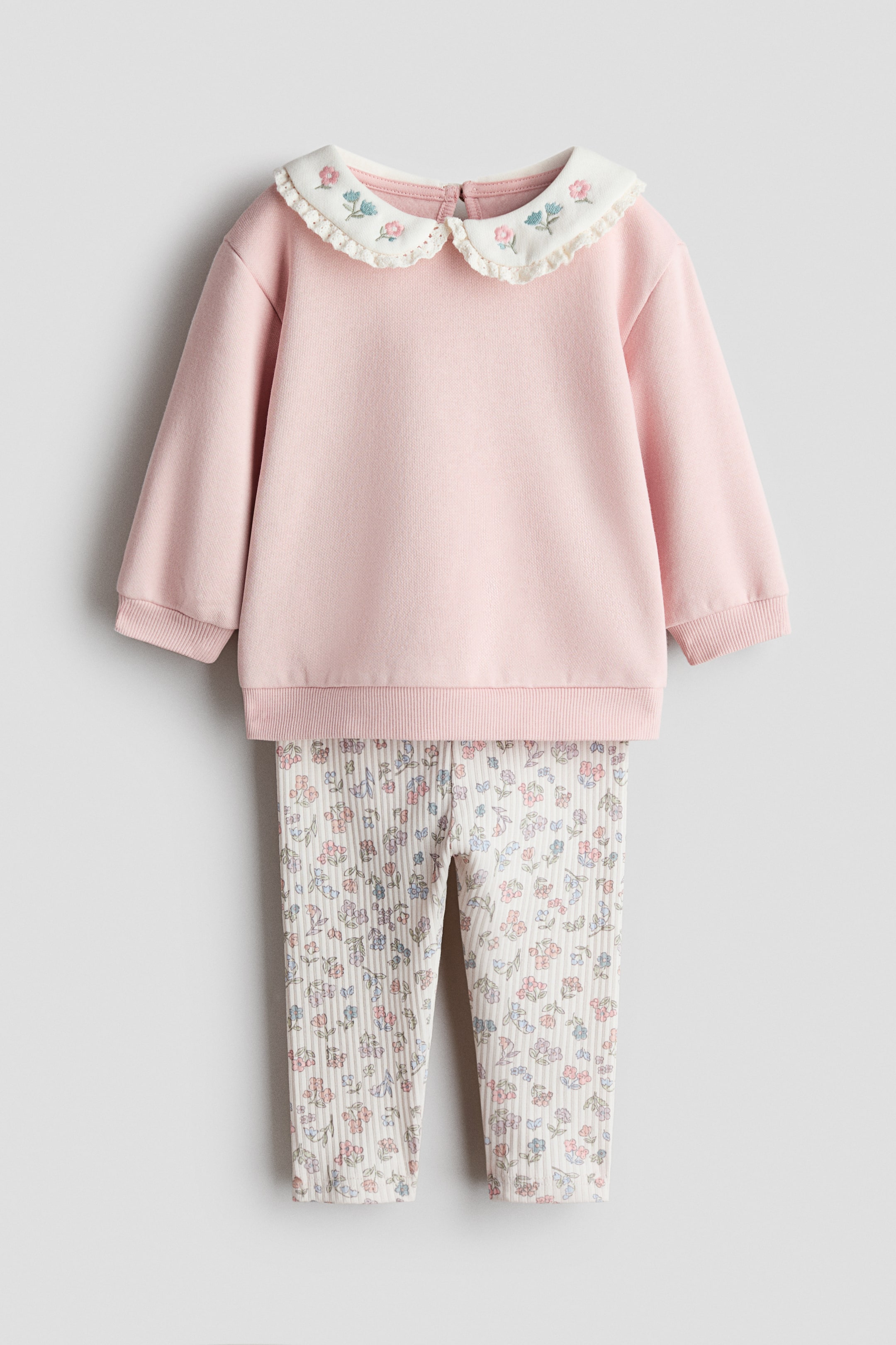 View larger image: A front-facing cotton set featuring a pink long-sleeved top in sweatshirt fabric and a pair of white ribbed jersey leggings. The top displays a frill-trimmed, contrasting-color collar detailed with floral embroidery, a keyhole opening with a button at the back, and ribbing at the cuffs and hem. The leggings showcase an all-over floral pattern.
