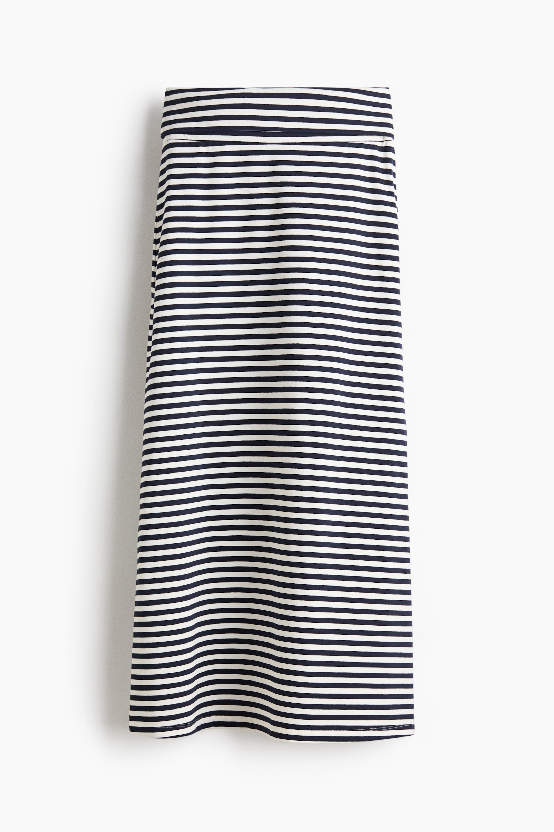 View larger image: The skirt showcases thin, horizontal navy blue and white stripes, offering a straight silhouette complemented by a broad, self-fabric waistband at the top.