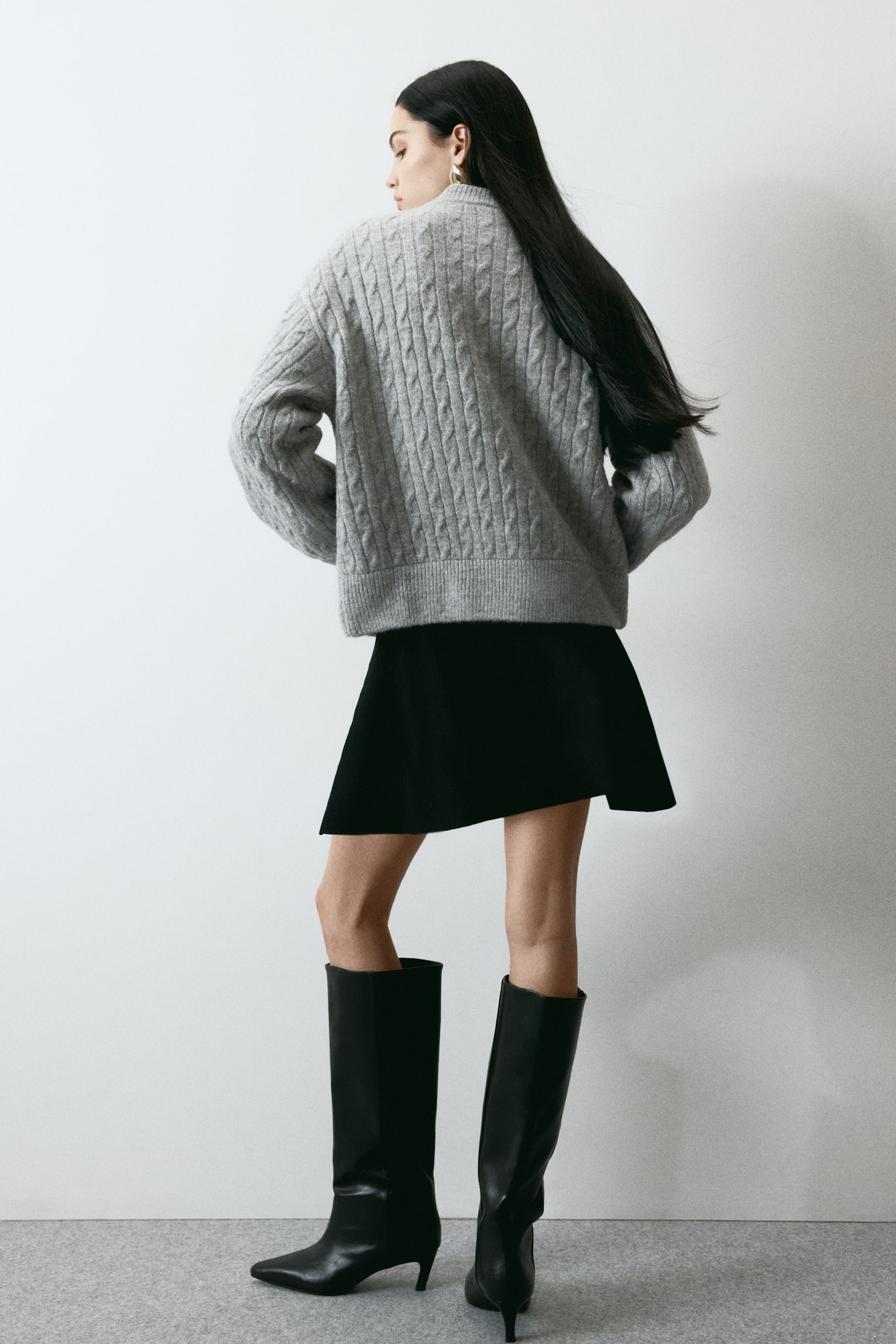 Cable-knit bomber jacket - Light grey marl/Navy blue - 4