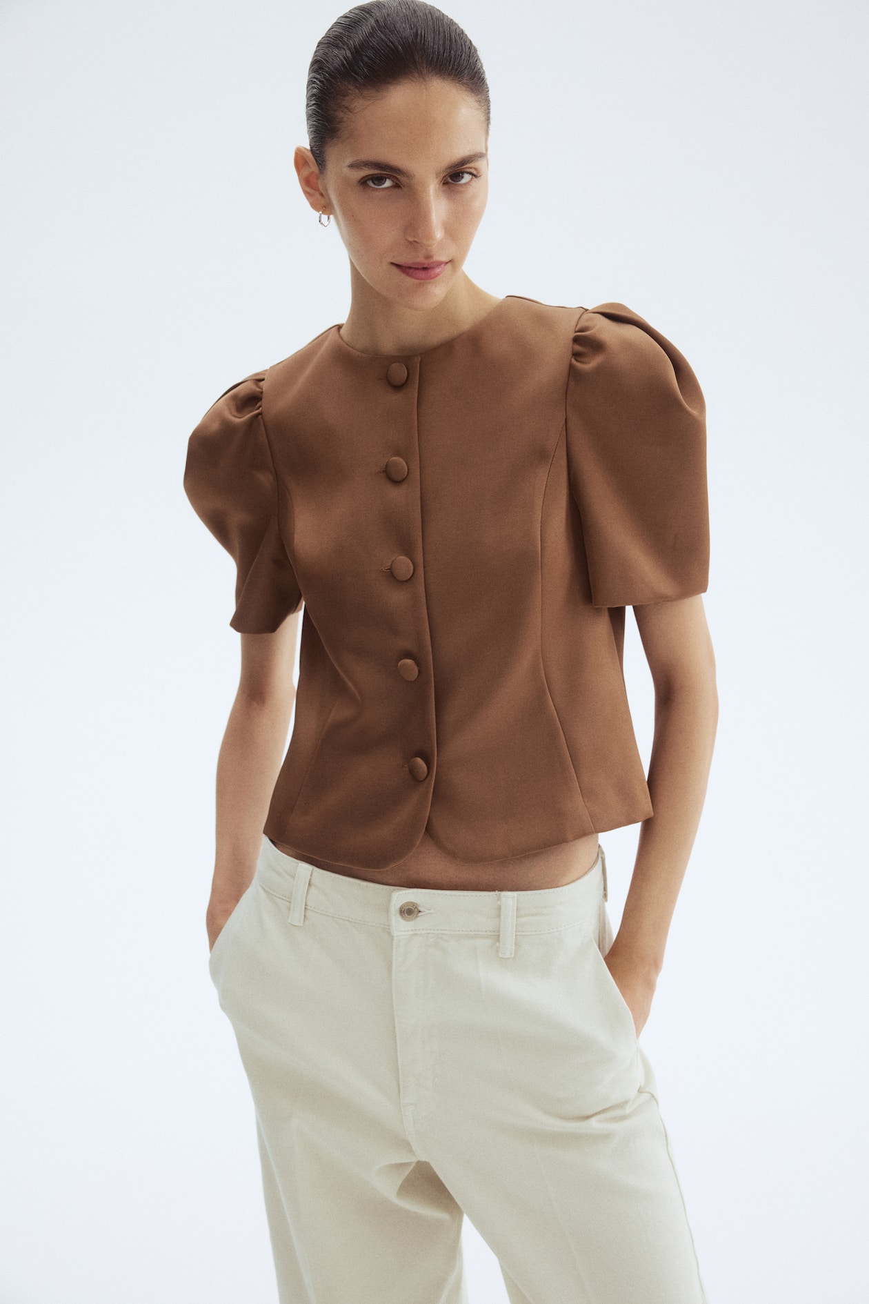 Puff-Sleeved Blouse - Brown - Ladies | H&M US