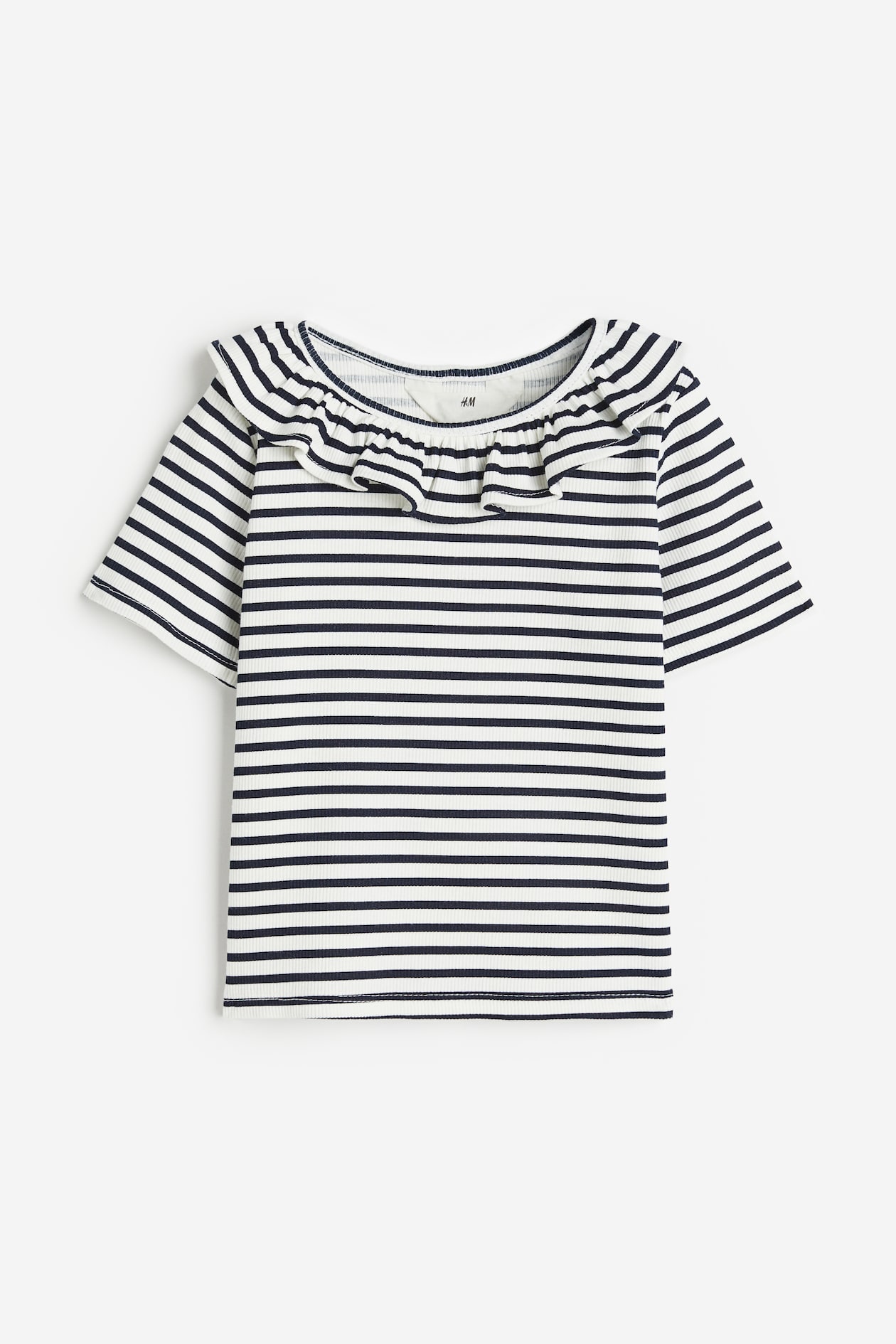 Ruffle-trimmed Top - Round Neck - Short sleeve - Navy blue/striped ...