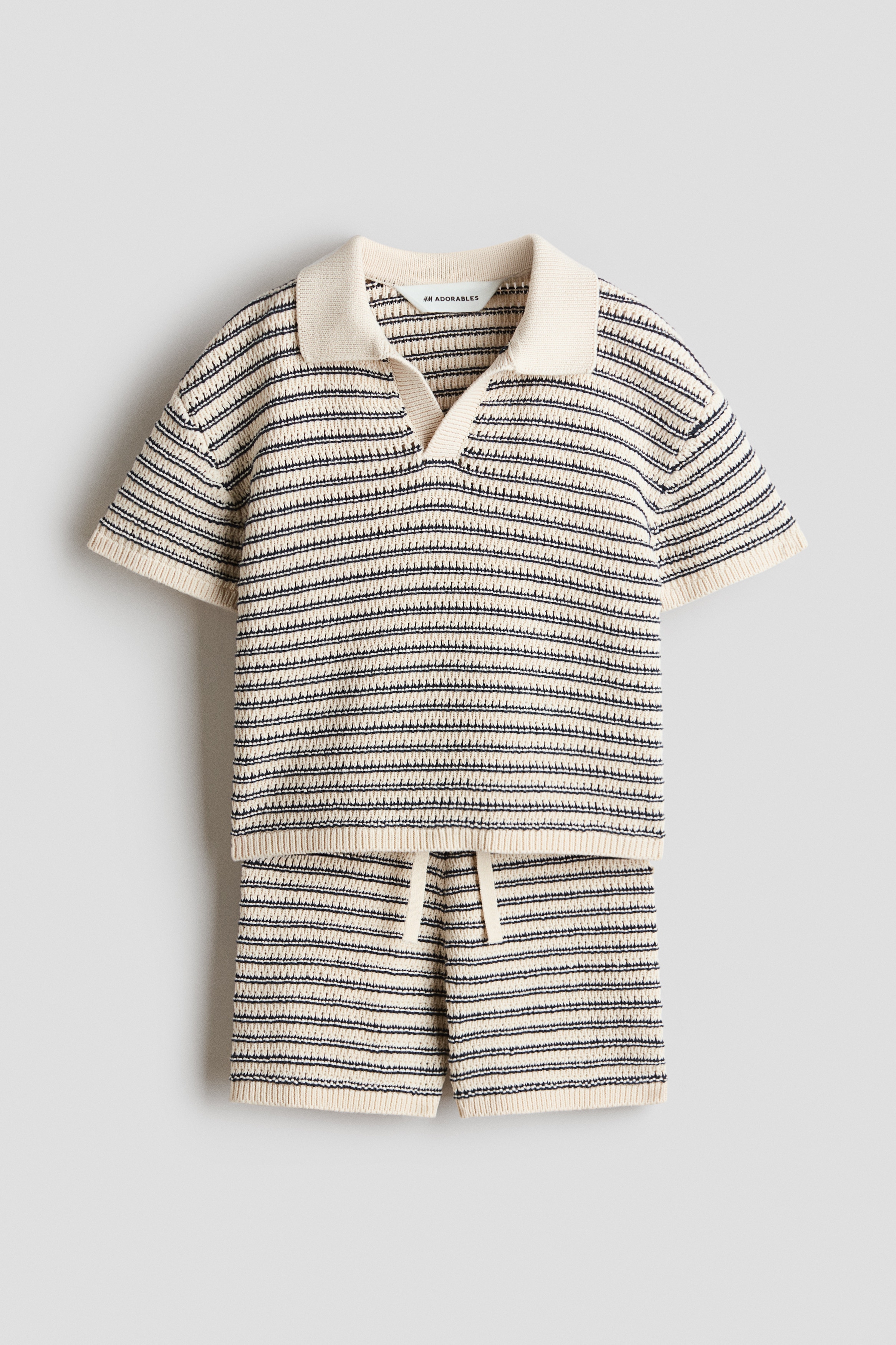 Ensemble 2 pièces en tricot de coton - Beige clair/rayures bleues
