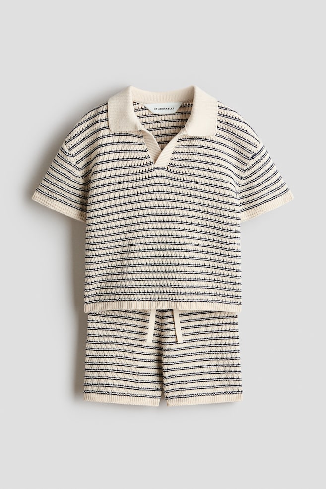 Set 2 pezzi in maglia di cotone - Beige chiaro/blu righe - 1