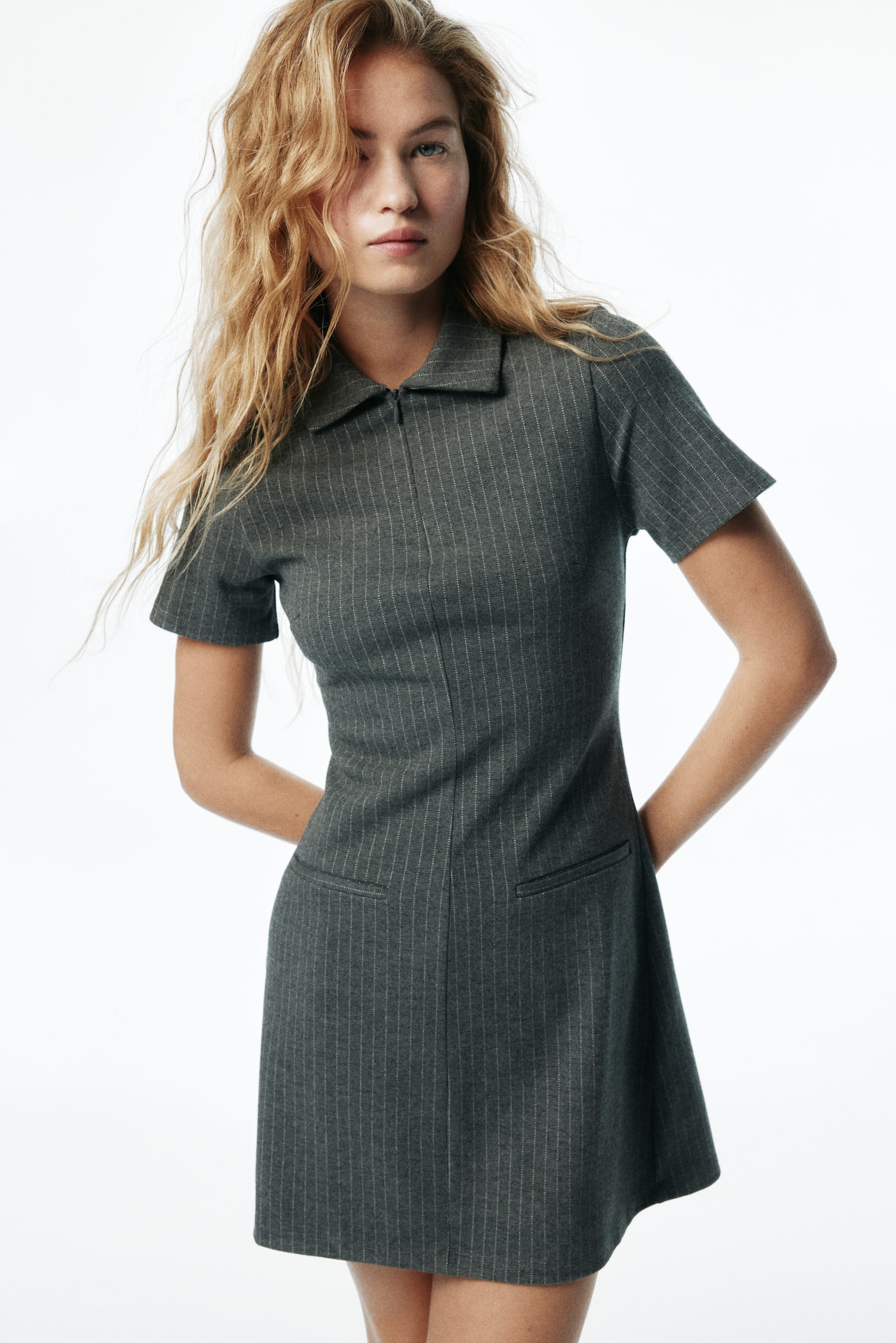 Collared jersey dress - Grey marl/Pinstriped - 3