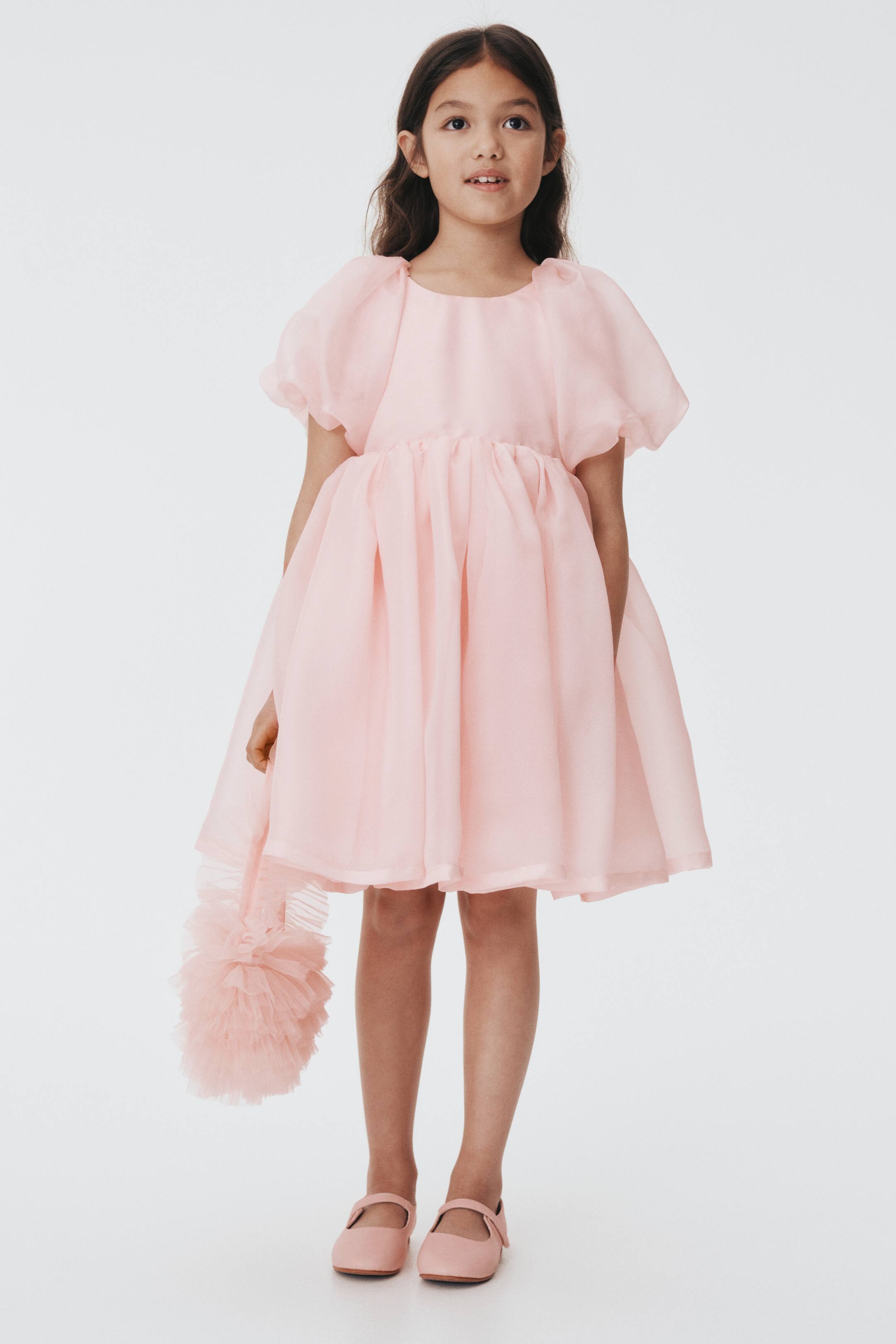 הצגת תמונה גדולה יותר: שמלה ורודה בהירה מוצגת בחזית, עשויה מבד שקוף ומאופיינת בשרוולים קצרים ונפוחים, מחשוף עגול ומותן מכווצת. החצאית הרחבה והמתרחבת שלה מציגה פרטי קיפולים גולשים המתחילים מהצד השמאלי.