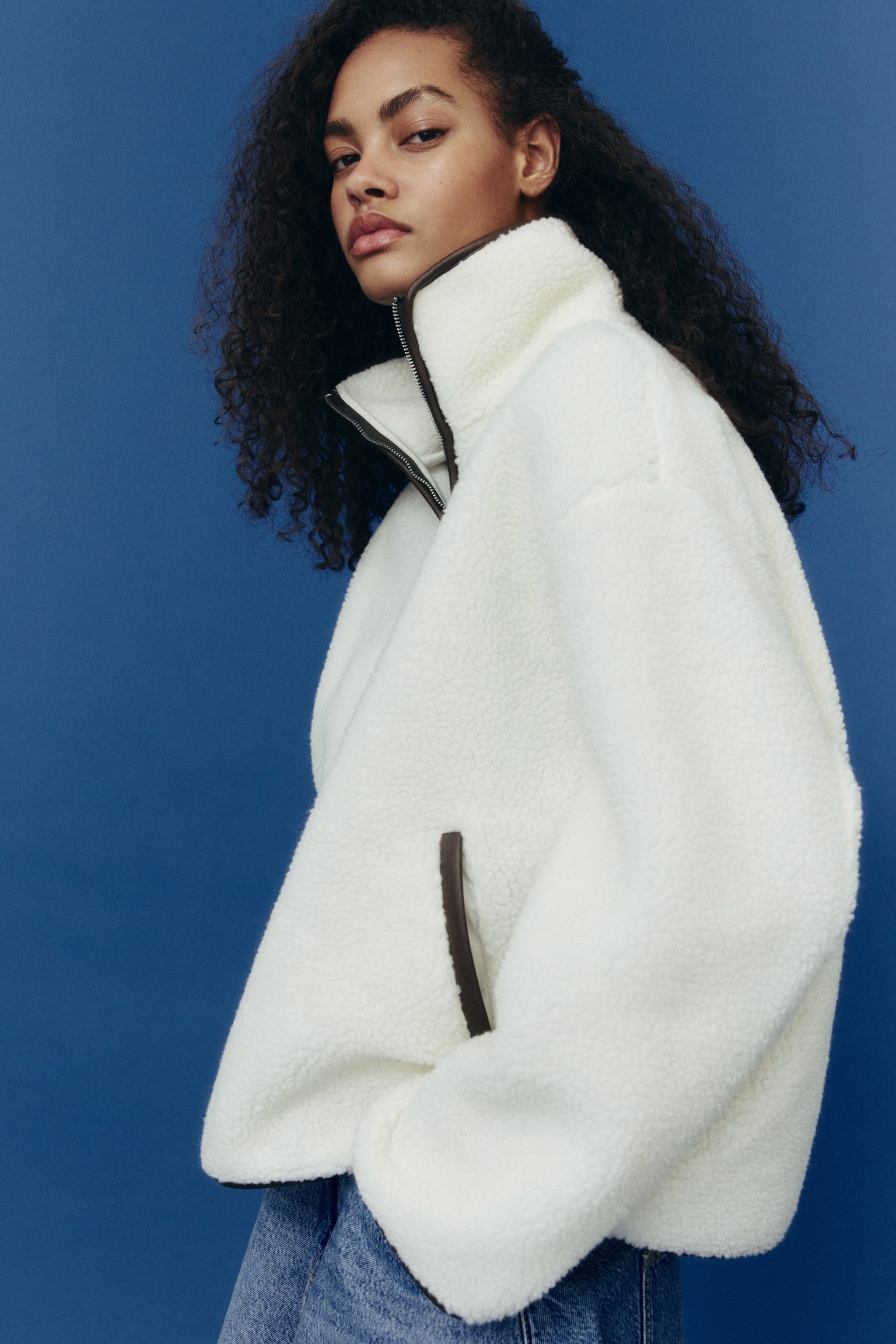 Sweatshirt i pile med dragkedja - Crèmevit/Beige/Mönstrad - 1