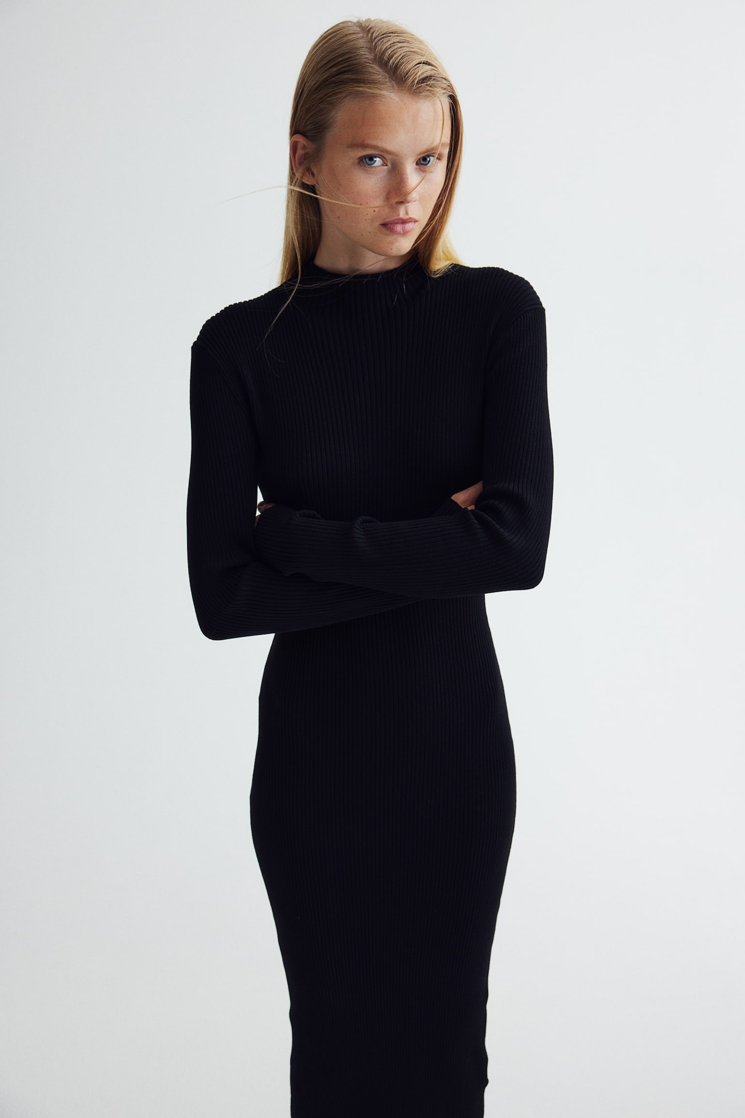 Rib-knit turtleneck dress - Black/Mole - 1