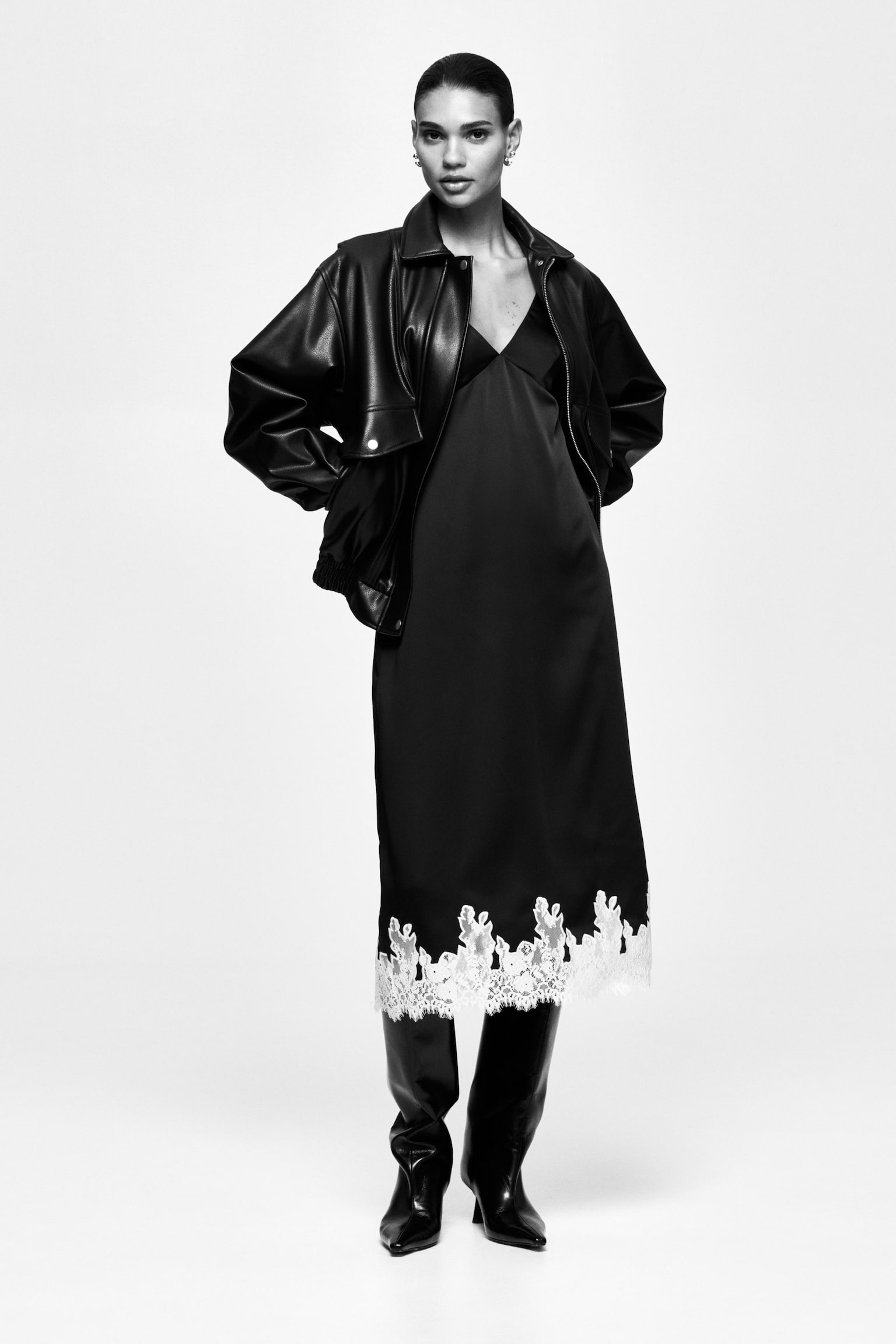 Lace Trim Satin Dress - Black/Cream - 1