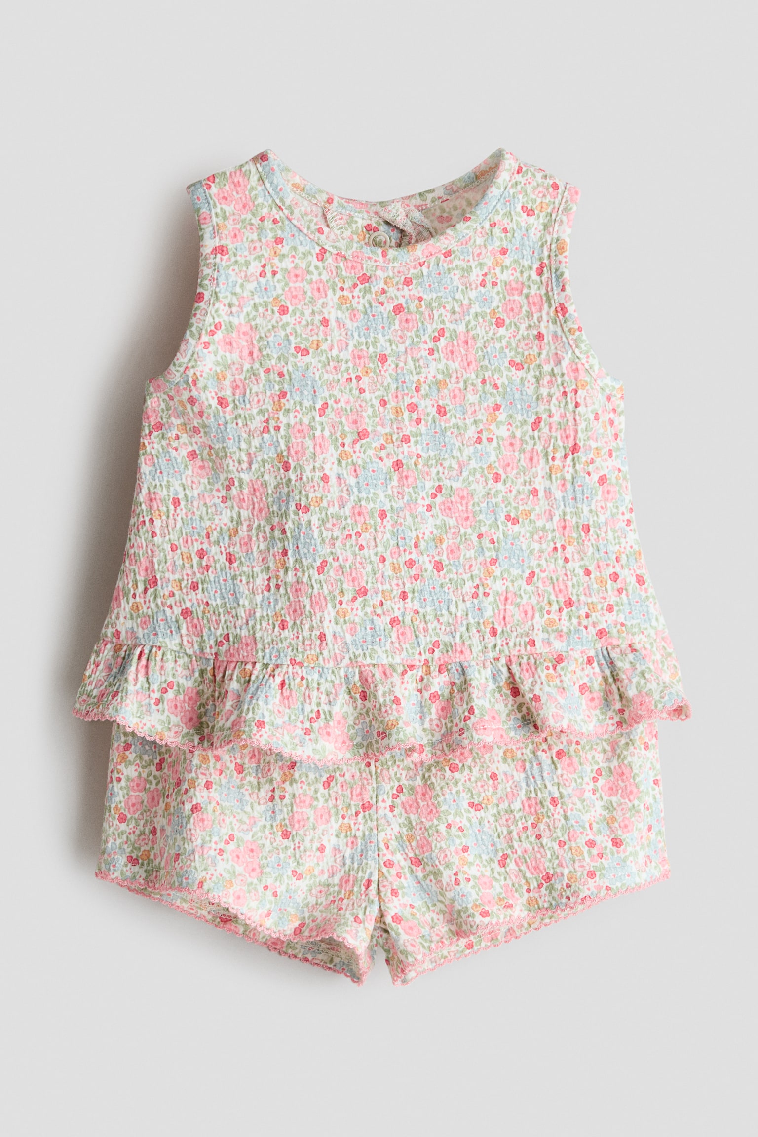 Conjunto de 2 piezas en algodón corrugado - Rosa claro/Floreado/Crema/Floreado/Blanco/Rayas azul claro - 1