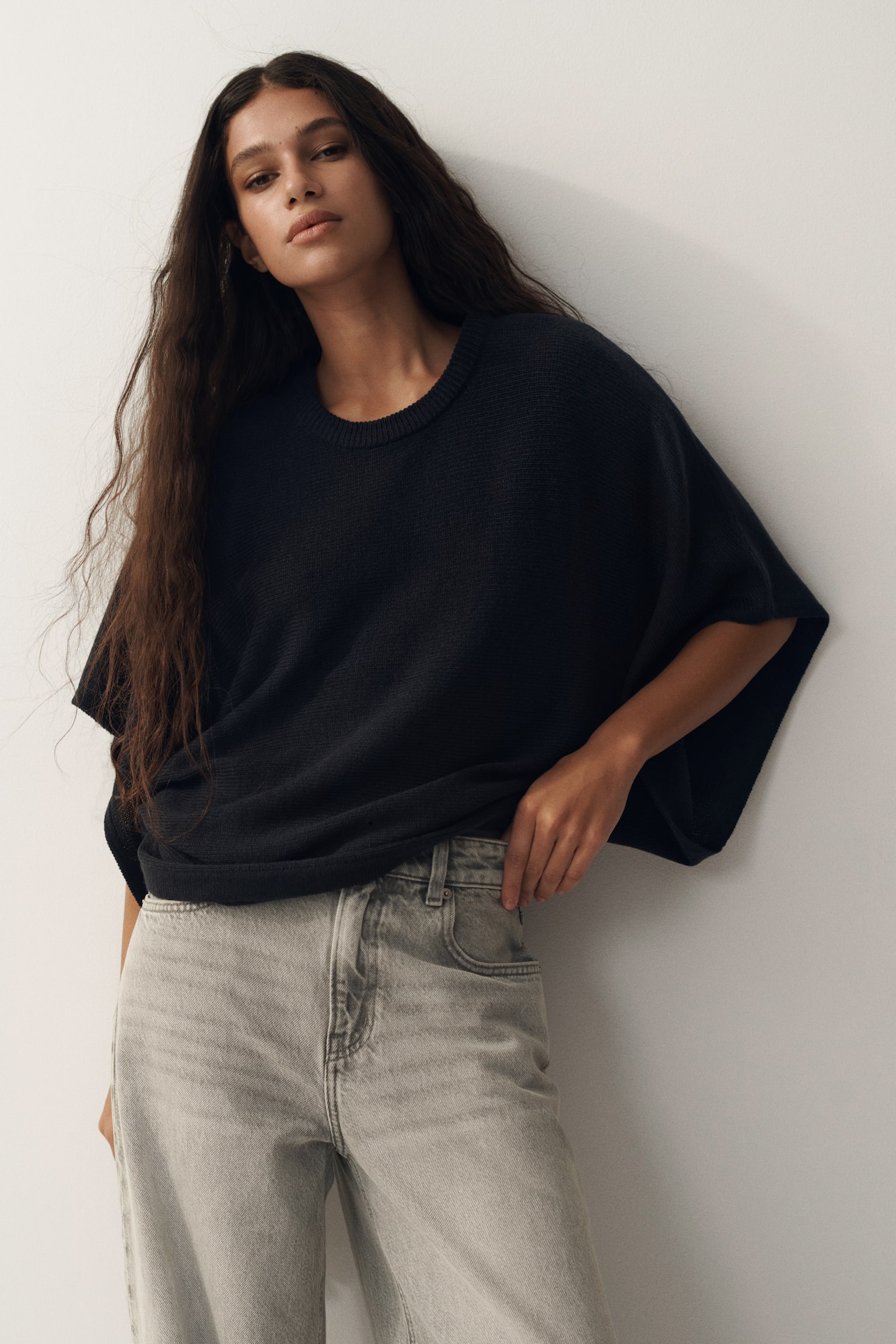 Batwing-sleeved knitted top - Navy blue - 1