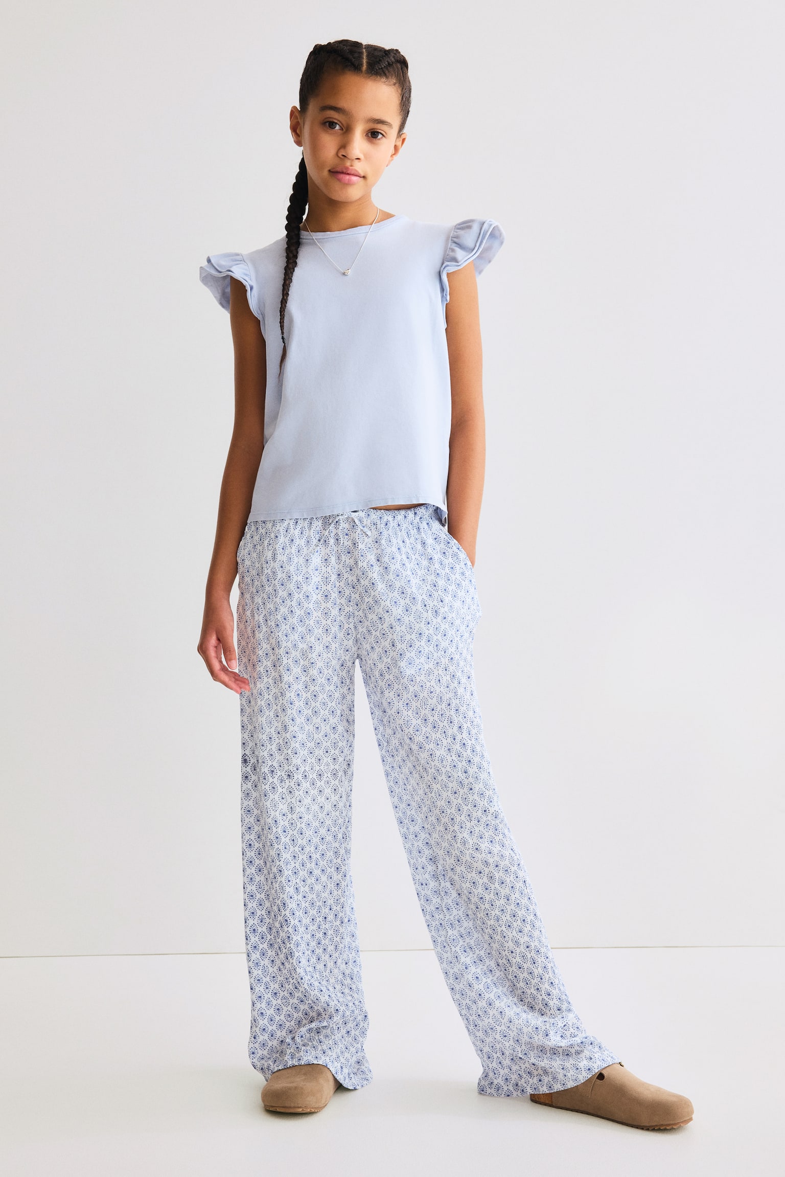 Pantaloni cu elastic în talie - Alb/motive albastre/Negru/Albastru-deschis/dungi/Negru/Bej/dungi/Albastru/dungi/Bleumarin/flori - 2