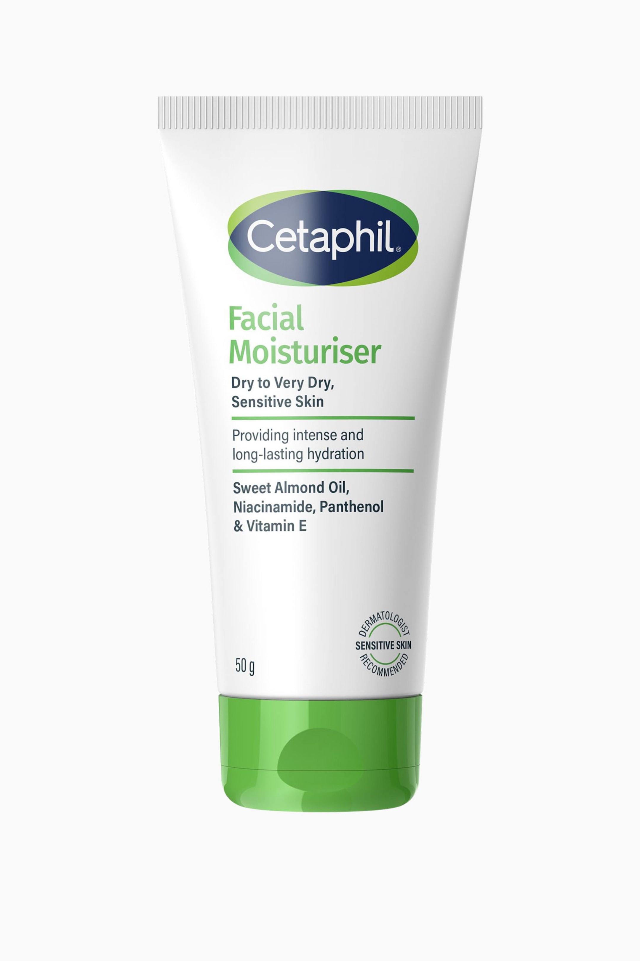 Se større billede: En tube Cetaphil Facial Moisturiser står oprejst og vender fremad og fremhæver sit hvide squeeze-tube-design med en grøn flip-top-låg nederst. Frontetiketten viser Cetaphil-logoet sammen med grøn og sort tekst, der angiver, at den er beregnet til tør til meget tør, sensitiv hud.