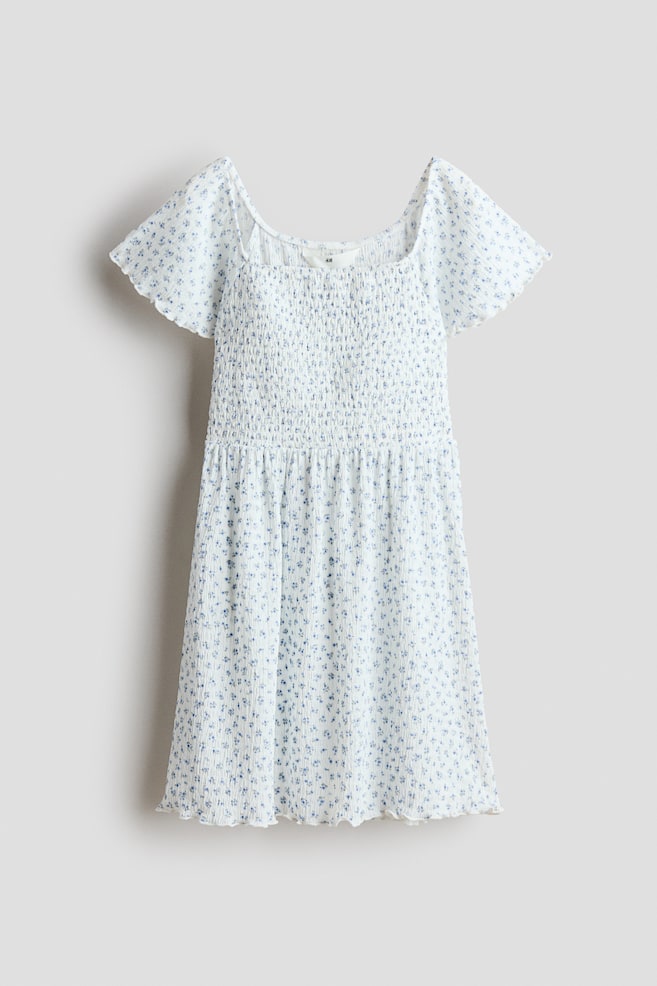 Robe avec corsage smocké - Blanc/bleu/fleuri - 1