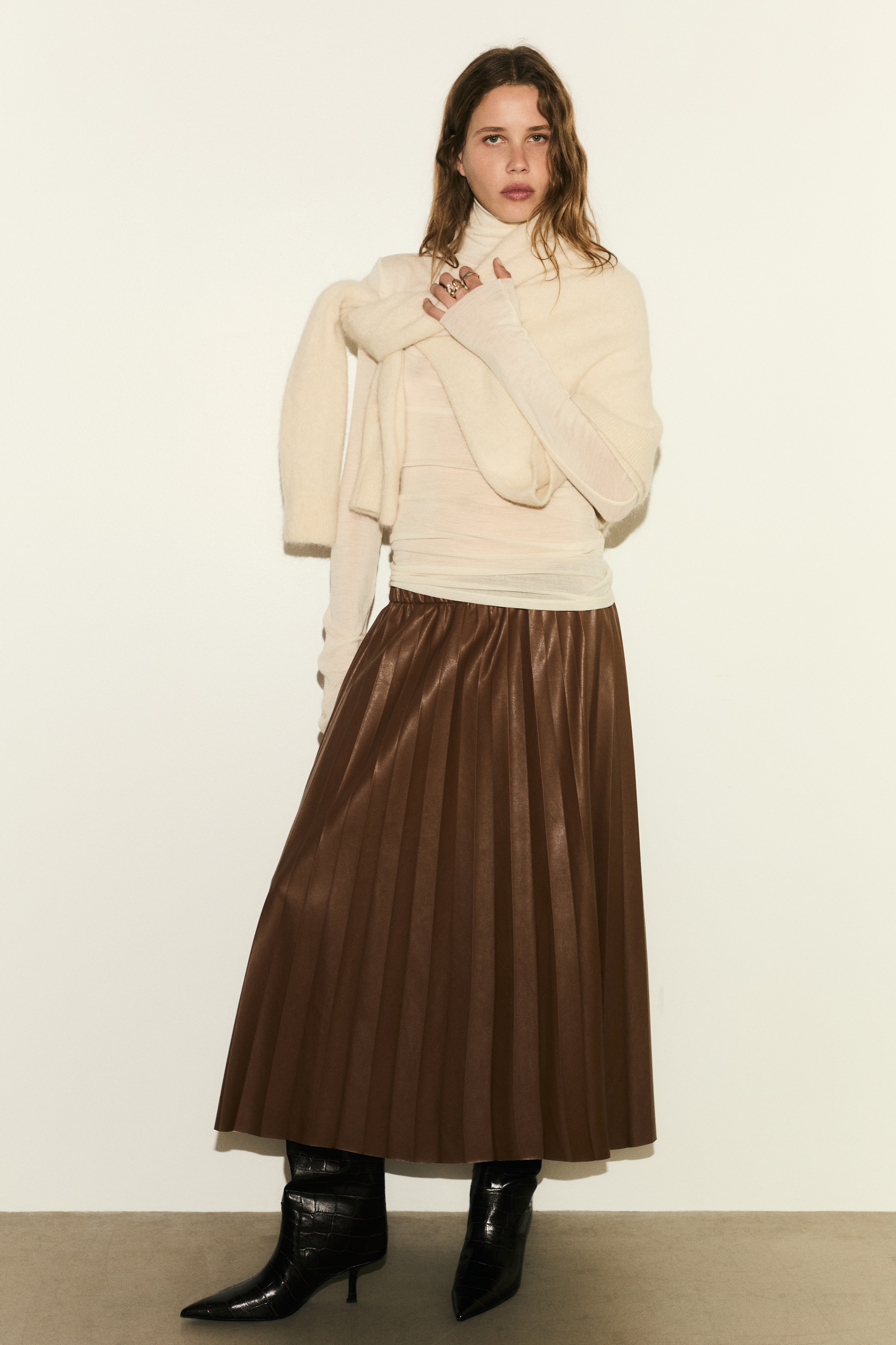 Coated plissé skirt - Brown