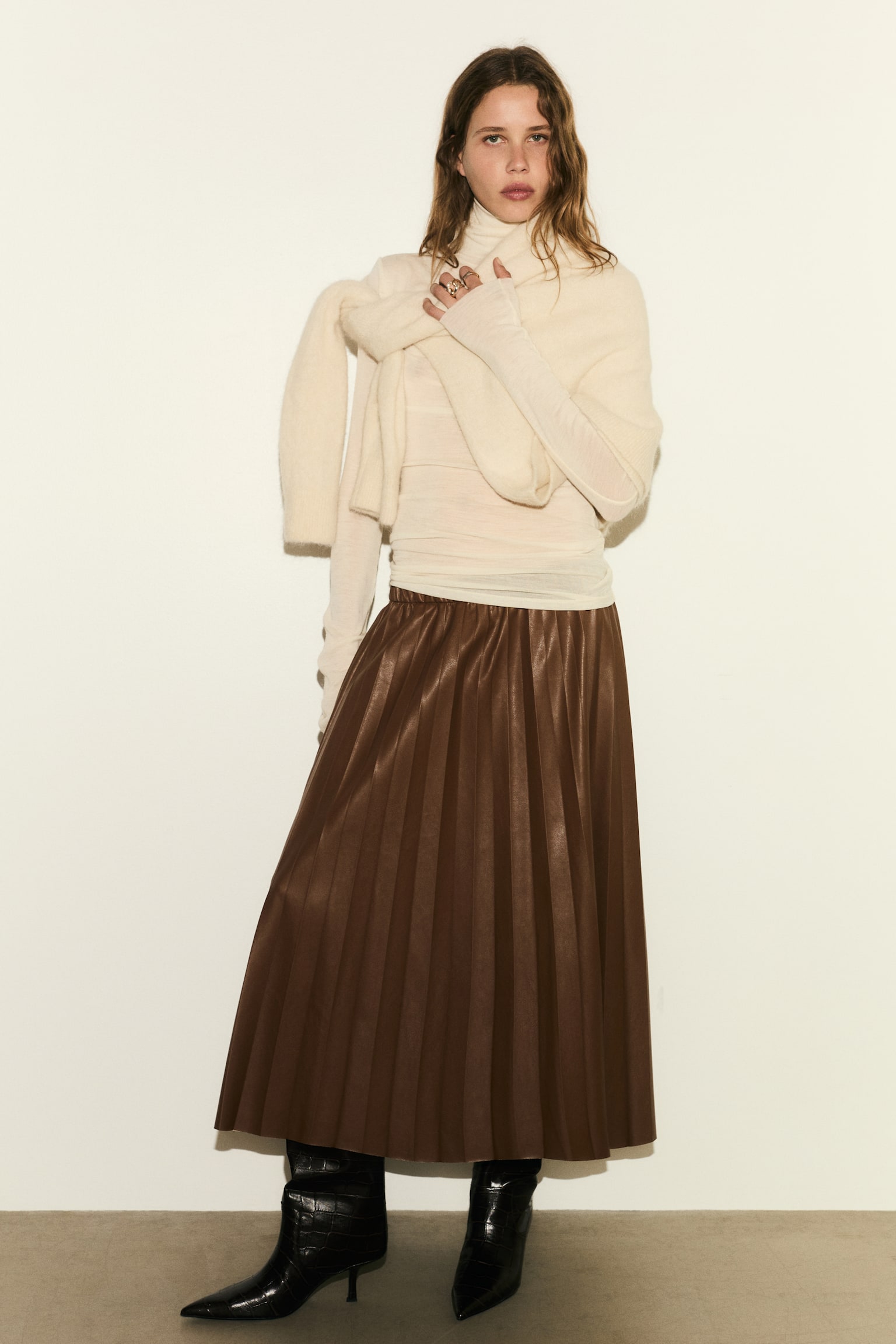 Coated plissé skirt - Brown - 1
